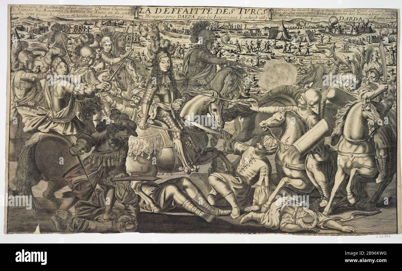 ALMANAC FOR 1688 - THE DEFEAT OF TURKS IN HUNGARY 'Almanach pour 1688 - La défaite des turcs en Hongrie le 12 août 1687'. Gravure. Paris, musée Carnavalet. Stock Photo