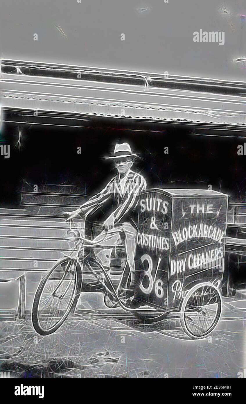 Negative - Man on Advertising Bicycle, Ballarat, Victoria, 1938, A man on a bicycle which has a side car. The sidecar advertises 'the Block Arcade Dry Cleaners' and 'Suits & Costumes 3/6'. The man is wearing a striped blazer., Reimagined by Gibon, design of warm cheerful glowing of brightness and light rays radiance. Classic art reinvented with a modern twist. Photography inspired by futurism, embracing dynamic energy of modern technology, movement, speed and revolutionize culture. Stock Photo