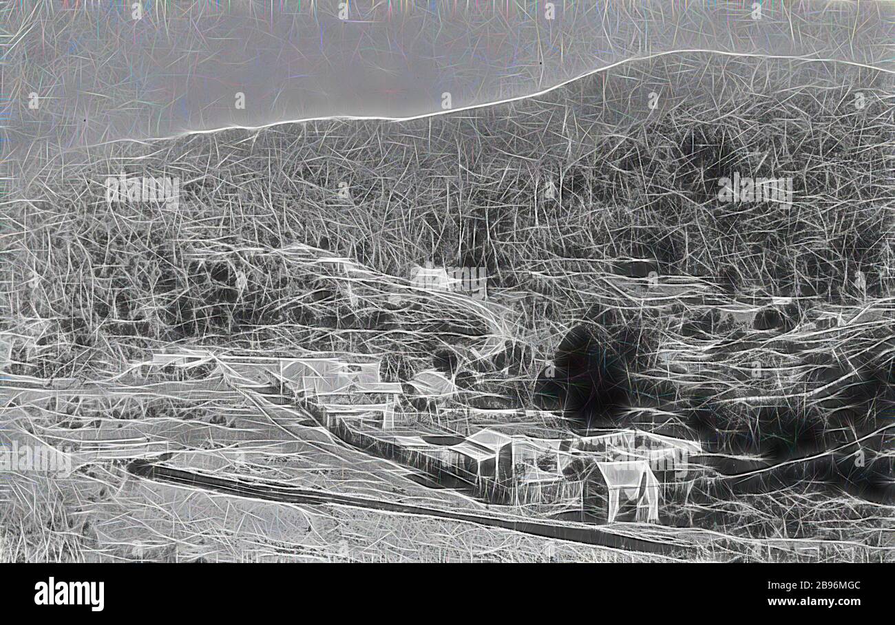 Negative - Jericho, Victoria, 1906, Jericho township. From the right: butcher's shop, J. Rae's house, Rae's Hotel, Moore's Hotel, Bennett's House. The Roman Catholic Church and the courthouse are on the hill in the background., Reimagined by Gibon, design of warm cheerful glowing of brightness and light rays radiance. Classic art reinvented with a modern twist. Photography inspired by futurism, embracing dynamic energy of modern technology, movement, speed and revolutionize culture. Stock Photo