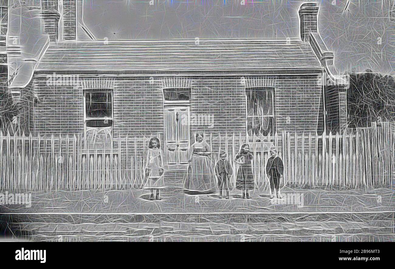 Negative - Family in Front of Home, Melbourne, Victoria, circa 1860s, The photograph was originally dated circa 1880, but the clothing worn strongly suggests an earlier date, likely to be the 1860s., Reimagined by Gibon, design of warm cheerful glowing of brightness and light rays radiance. Classic art reinvented with a modern twist. Photography inspired by futurism, embracing dynamic energy of modern technology, movement, speed and revolutionize culture. Stock Photo