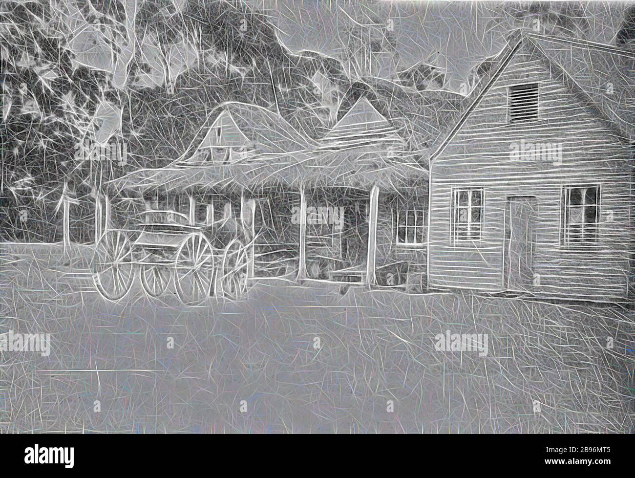 Negative - Eastville, Victoria, circa 1885, An early photograph of the Shootem Flying Inn with a thatched roof. There is a horse and cart in front of the inn., Reimagined by Gibon, design of warm cheerful glowing of brightness and light rays radiance. Classic art reinvented with a modern twist. Photography inspired by futurism, embracing dynamic energy of modern technology, movement, speed and revolutionize culture. Stock Photo