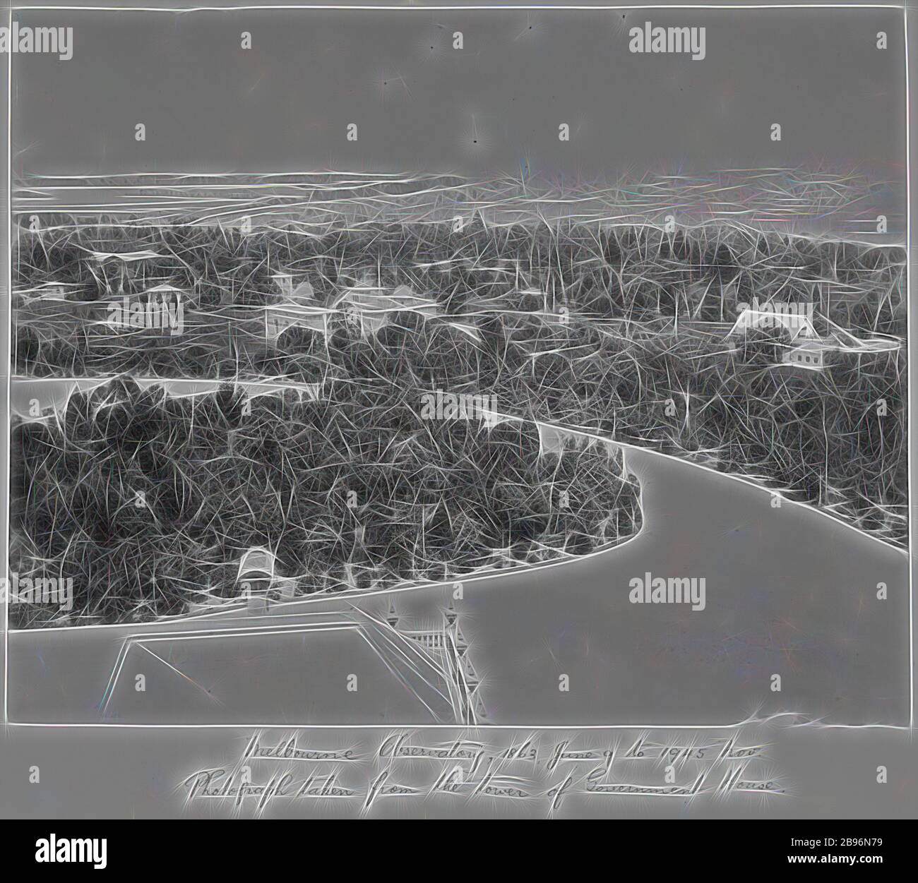 Negative - View of Melbourne Observatory, 1880s, View of Melbourne Observatory, taken from the tower of Government House. Photo taken after construction of Thermometer Shed in 1879 and prior to construction of Astrograph House in 1889. The main Observatory building is in the centre, the Great Melbourne Telescope on the right., Reimagined by Gibon, design of warm cheerful glowing of brightness and light rays radiance. Classic art reinvented with a modern twist. Photography inspired by futurism, embracing dynamic energy of modern technology, movement, speed and revolutionize culture. Stock Photo