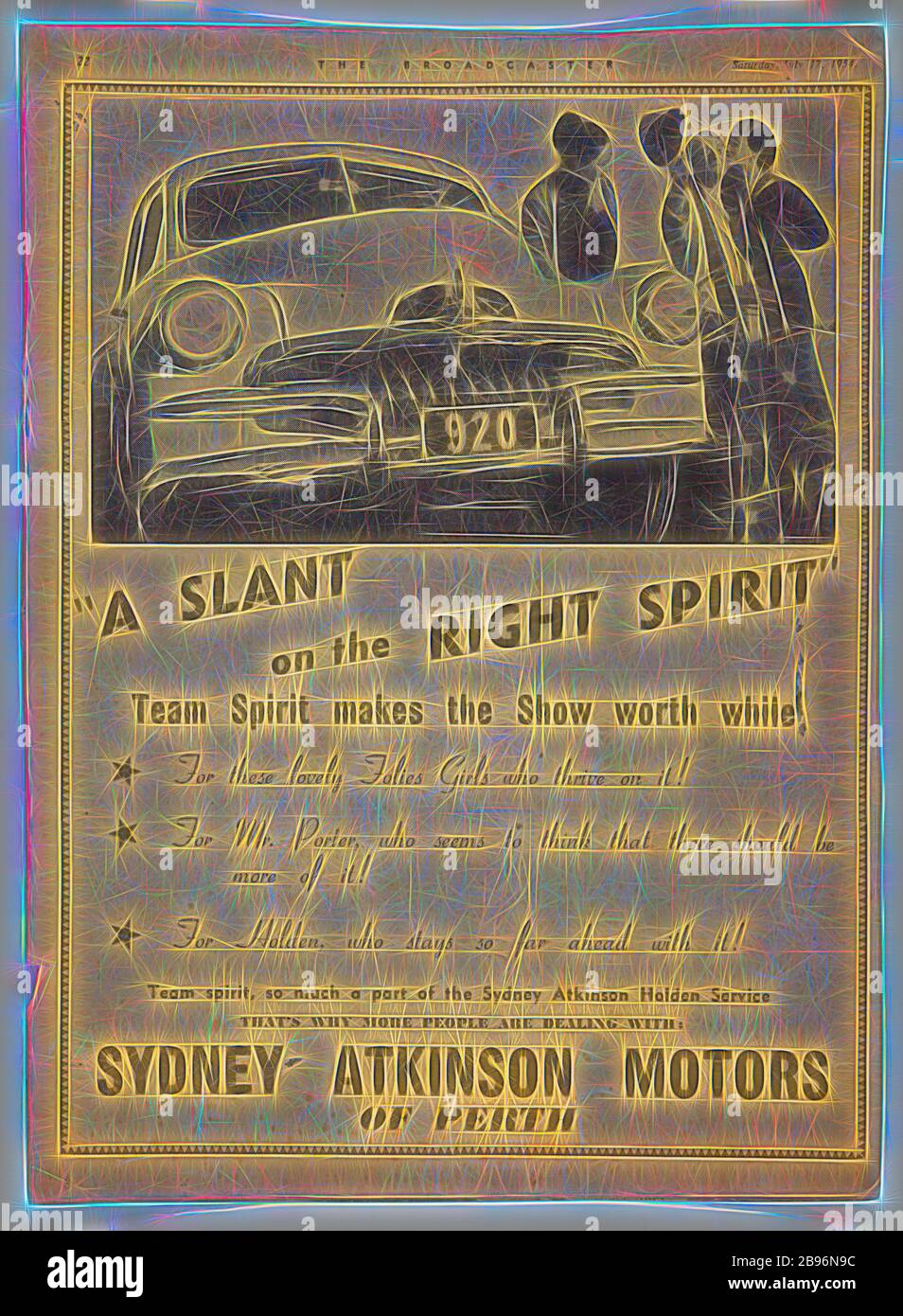 Newspaper Advertisement - Holden Cars at Sydney-Atkinson Motors, Perth, The Broadcaster, 17 Jul 1954, Clipping of an advertisement for Holden cars at Sydney-Atkinson Motors, Perth, published in The Broadcaster, 17 July 1954. One of the models is Bernice Kopple (kissing the porter) who had migrated from Scotland to Australia, in December 1950 onboard the ship New Australia'. Bernice Kopple was born in Glasgow, Scotland in 1930 and migrated to Melbourne onboard the ship New Australia in 1950., Reimagined by Gibon, design of warm cheerful glowing of brightness and light rays radiance. Classic art Stock Photo