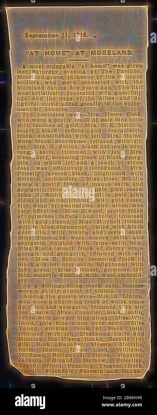 Newspaper Cutting - 'At Home At Moreland', Table Talk, 11 Sep 1919, Newspaper cutting from Table Talk, 11 September 1919, describing the success of an 'At Home' celebration held for returned servicemen connected with 'the Moreland dances' on 6 September at 'The Pavilion', The Grove, Moreland (now Coburg). Miss Elsie Storie of Brunswick, later of Canterbury, was one of the organisers., Reimagined by Gibon, design of warm cheerful glowing of brightness and light rays radiance. Classic art reinvented with a modern twist. Photography inspired by futurism, embracing dynamic energy of modern technol Stock Photo