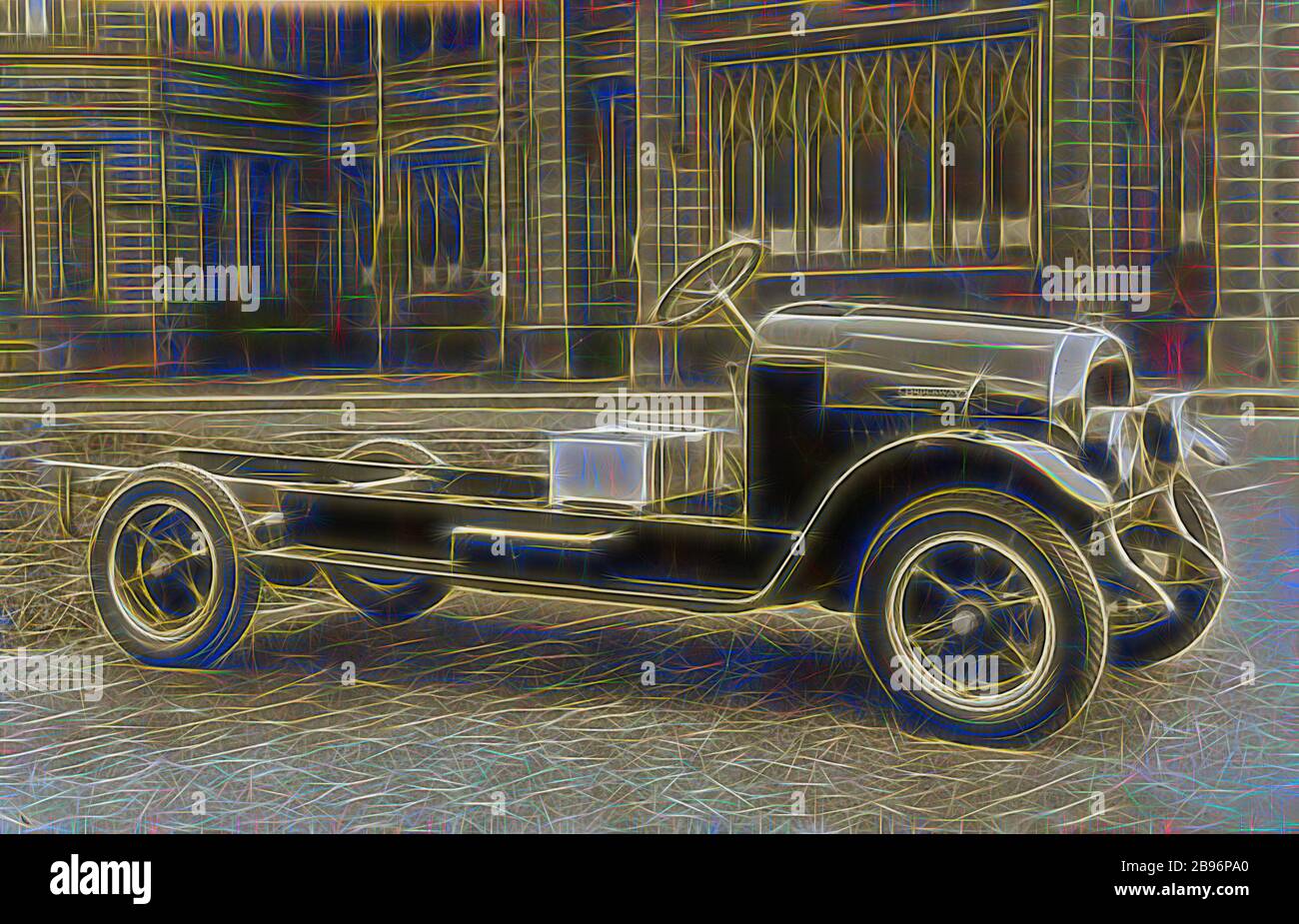 Photograph - Brockway Motors Ltd, Brockway Junior Truck, Sydney, New South Wales, circa 1927, Image from a photograph album containing twenty one photographs of motor trucks. The album was used by Brockway Motors Ltd., Reimagined by Gibon, design of warm cheerful glowing of brightness and light rays radiance. Classic art reinvented with a modern twist. Photography inspired by futurism, embracing dynamic energy of modern technology, movement, speed and revolutionize culture. Stock Photo