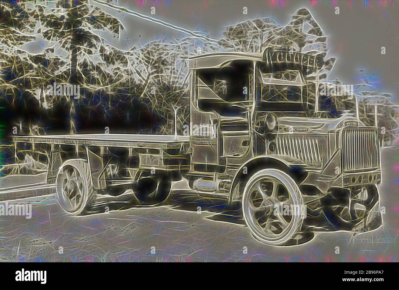 Photograph - Brockway Motors Ltd, Five Ton Truck, Sydney, New South Wales, circa 1927, Image from a photograph album containing twenty one photographs of motor trucks. The album was used by Brockway Motors Ltd., Reimagined by Gibon, design of warm cheerful glowing of brightness and light rays radiance. Classic art reinvented with a modern twist. Photography inspired by futurism, embracing dynamic energy of modern technology, movement, speed and revolutionize culture. Stock Photo