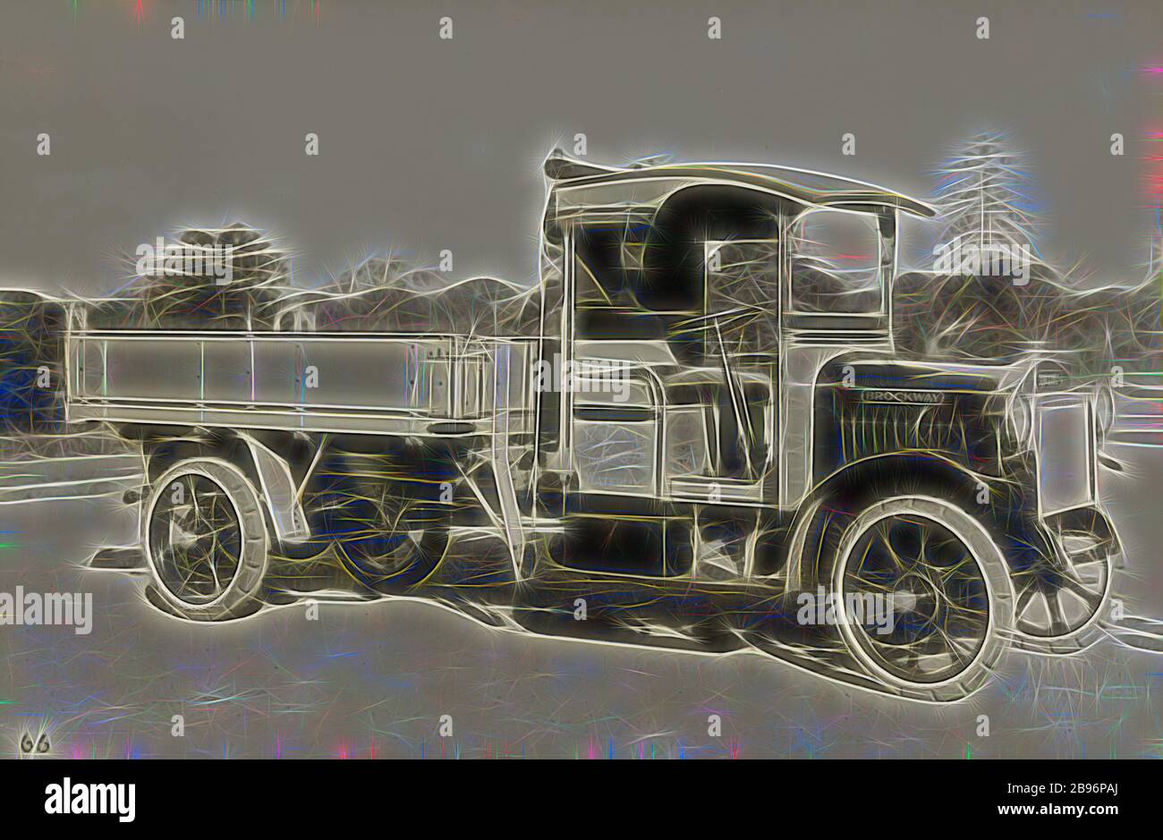 Photograph - Brockway Motors Ltd, Tipping Truck, Sydney, New South Wales, circa 1927, Image from a photograph album containing twenty one photographs of motor trucks. The album was used by Brockway Motors Ltd., Reimagined by Gibon, design of warm cheerful glowing of brightness and light rays radiance. Classic art reinvented with a modern twist. Photography inspired by futurism, embracing dynamic energy of modern technology, movement, speed and revolutionize culture. Stock Photo