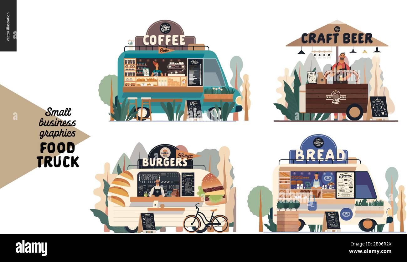 Food trucks small business graphics. Modern flat vector concept