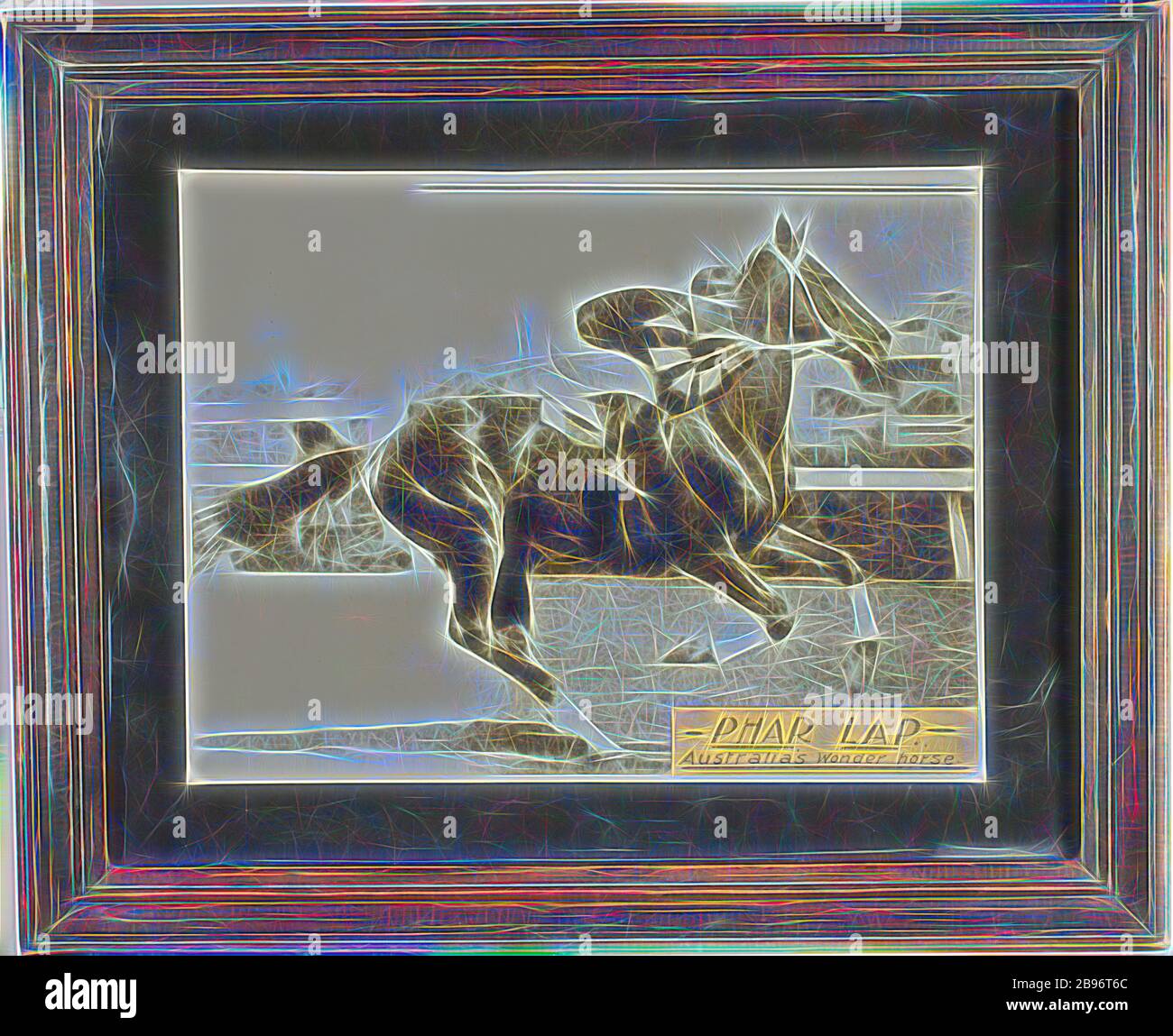 Photograph - Jimmy Pike & Phar Lap Racing, Framed, 1930s, Framed magazine photograph of Jim Pike riding on the back of Phar Lap during a horse race. He is wearing the black and white Telford silks., Reimagined by Gibon, design of warm cheerful glowing of brightness and light rays radiance. Classic art reinvented with a modern twist. Photography inspired by futurism, embracing dynamic energy of modern technology, movement, speed and revolutionize culture. Stock Photo