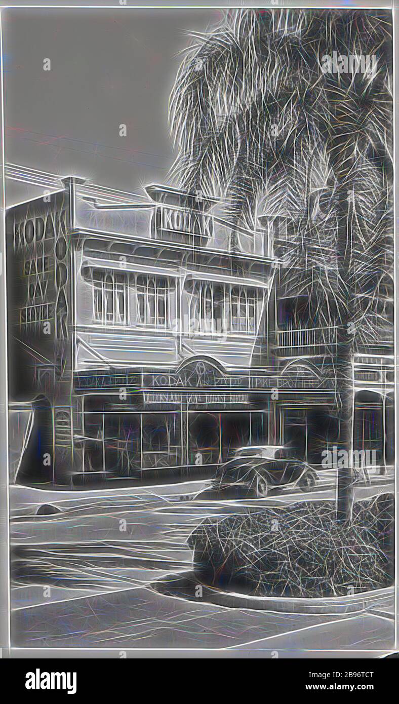 Photograph, Shop Exterior Kodak Branch, Townsville, QLD, 1930s, Black and white photograph of the Kodak Australasia Pty Ltd branch store and same day processing laboratory on Flinders St, Townsville, Queensland, in the 1930s. This street view shows neighbouring shops, a vegetated traffic island, and a car and bicycle parked on the street out front. This Kodak store was built in 1920, with the second story added in 1929. Upstairs was the processing lab for, Reimagined by Gibon, design of warm cheerful glowing of brightness and light rays radiance. Classic art reinvented with a modern twist. Pho Stock Photo