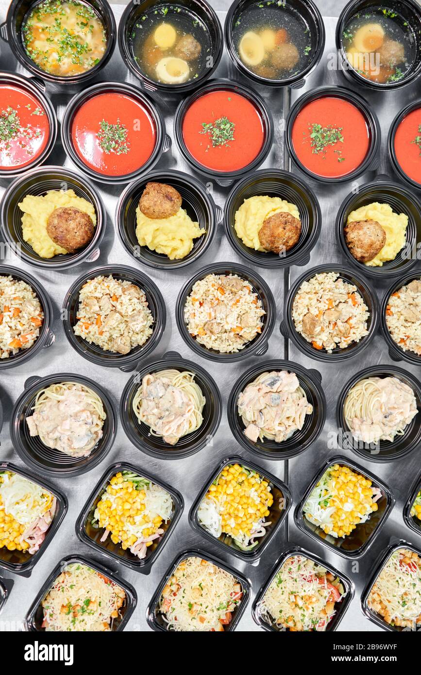 Food delivery. Different in plastic disposable lunch box with healthy