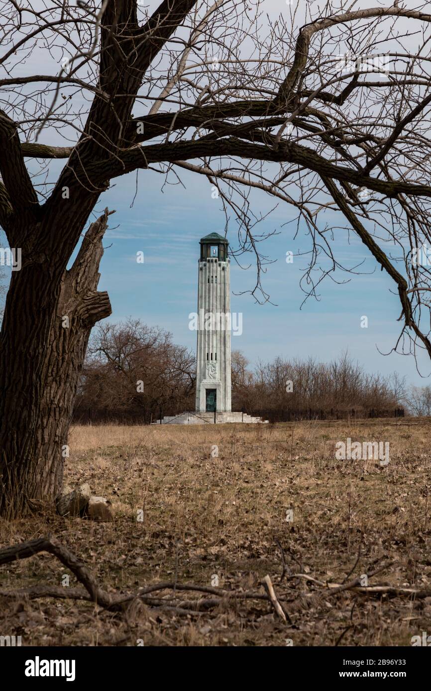 Detroit, Michigan - The Livingstone Memorial Lighthouse. The 58-foot-tall lighthouse is located on the tip of Belle Isle in the Detroit River, facing Stock Photo