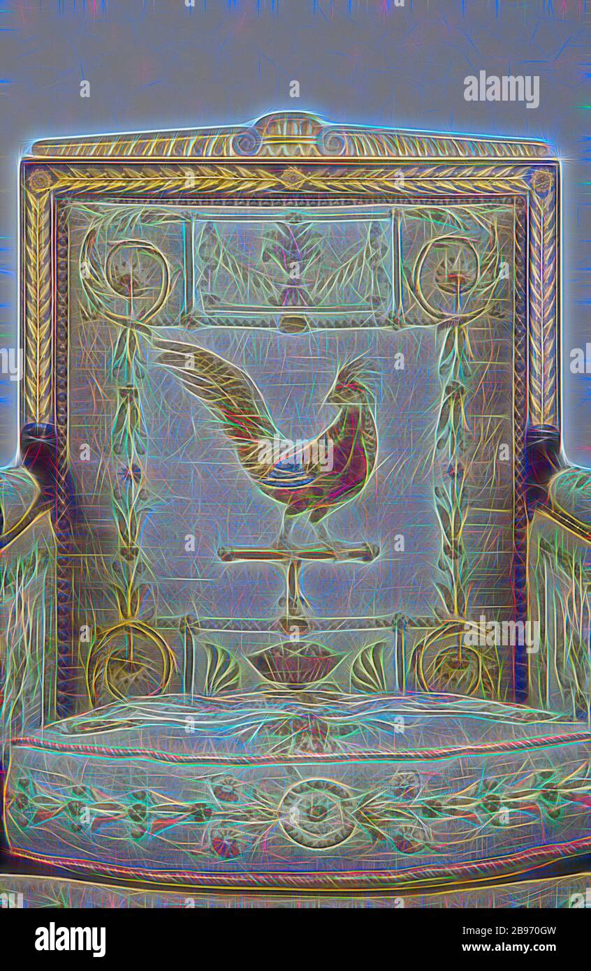 One Armchair, Frames attributed to François-Honoré-Georges Jacob-Desmalter (French, 1770 - 1841), Tapestry upholstery by the Beauvais Manufactory (French, founded 1664), Paris, France, about 1810, Mahogany and beech, gilt-bronze mounts, wool and silk, 100.6 × 63.5 × 48.3 cm (39 5/8 × 25 × 19 in.), Reimagined by Gibon, design of warm cheerful glowing of brightness and light rays radiance. Classic art reinvented with a modern twist. Photography inspired by futurism, embracing dynamic energy of modern technology, movement, speed and revolutionize culture. Stock Photo