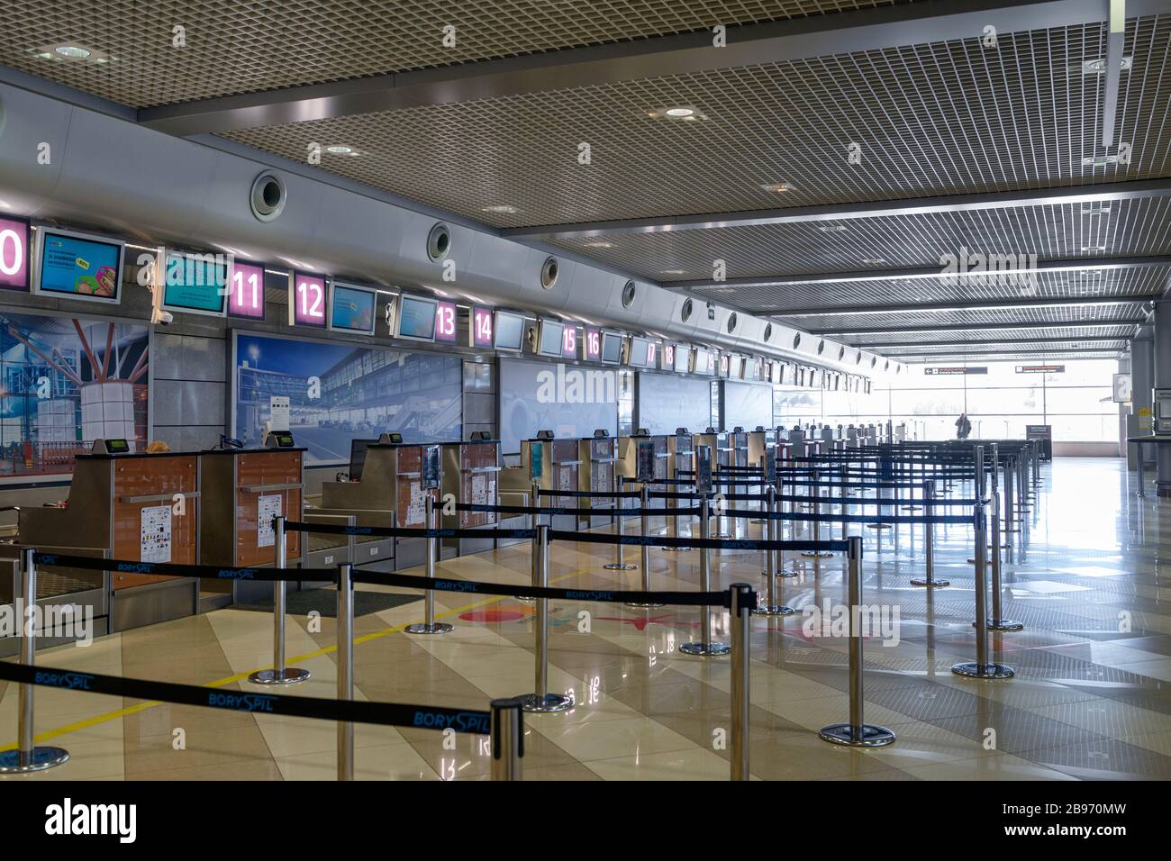 Boryspil airport, Ukraine, March 22 2020, empty airport during covid-19 coronavirus outbreak. Stock Photo