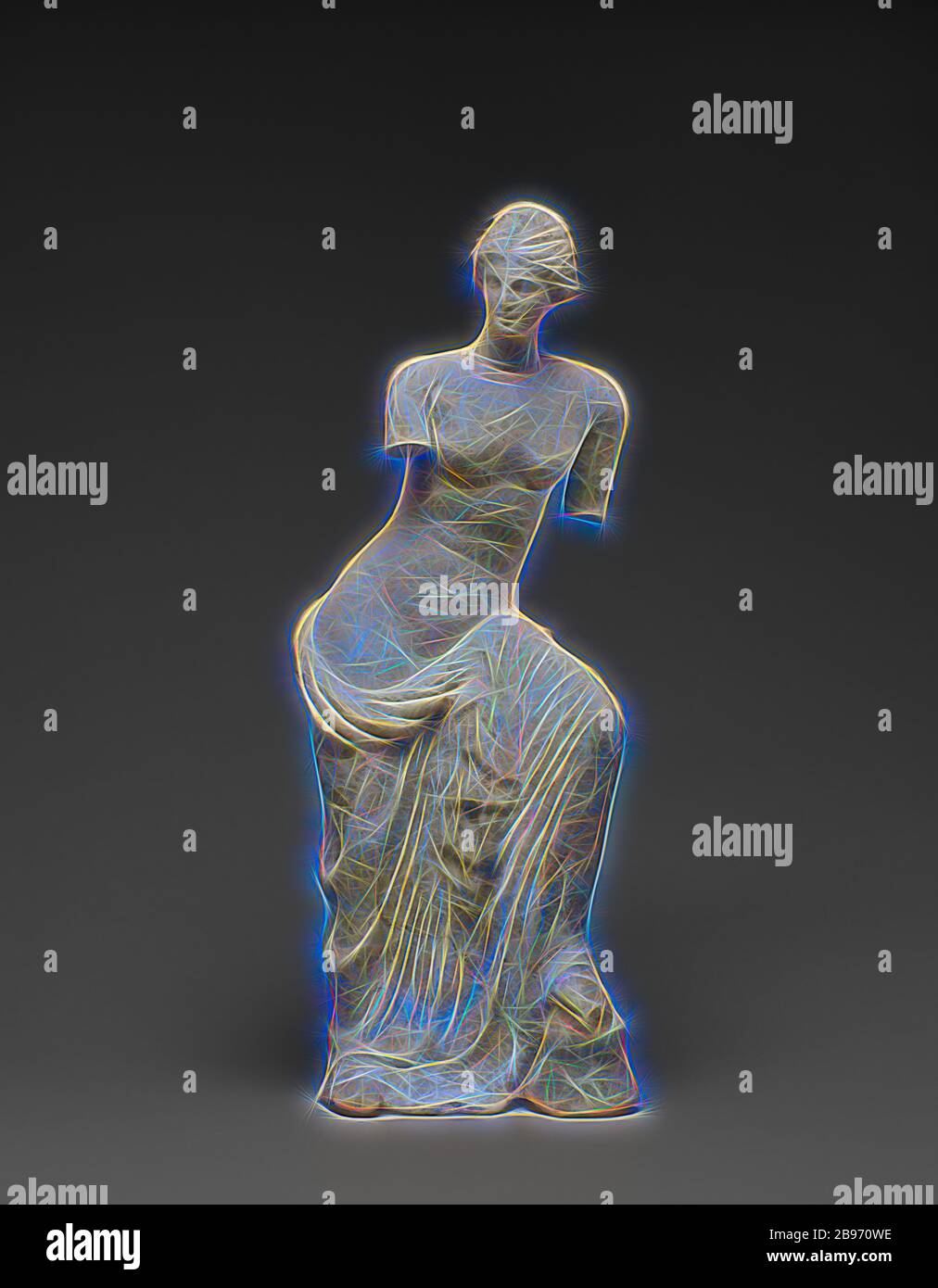 Statuette of Aphrodite, Unknown, Centuripe, Sicily, Italy, 300 - 200 B.C., Terracotta with white slip and polychromy (light blue, pink, red), 28.7 × 10.7 cm (11 5/16 × 4 3/16 in.), Reimagined by Gibon, design of warm cheerful glowing of brightness and light rays radiance. Classic art reinvented with a modern twist. Photography inspired by futurism, embracing dynamic energy of modern technology, movement, speed and revolutionize culture. Stock Photo