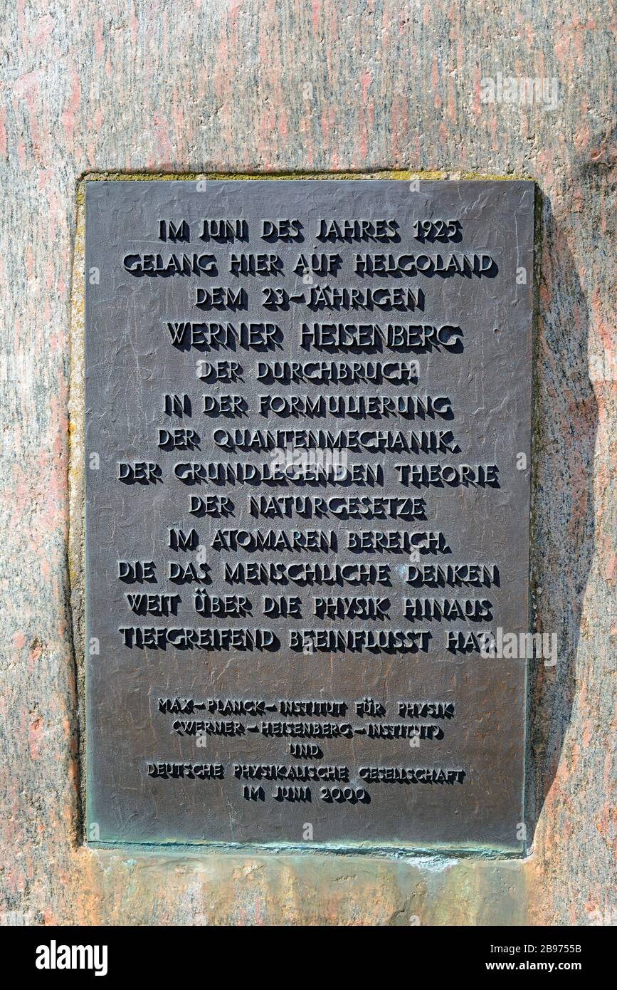 Commemorative Plaque For The Physicist And Nobel Prize Winner Werner Heisenstein Helgoland North Sea Schleswig Holstein Germany Stock Photo Alamy