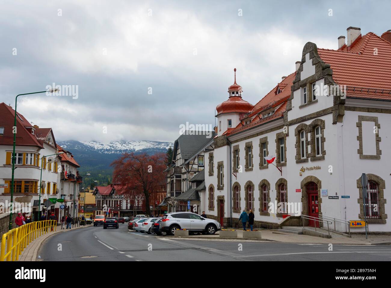 Post office building on the right and centre, Szklarska Poreba, Lower Silesia, Krkonose Mountains, Poland Stock Photo