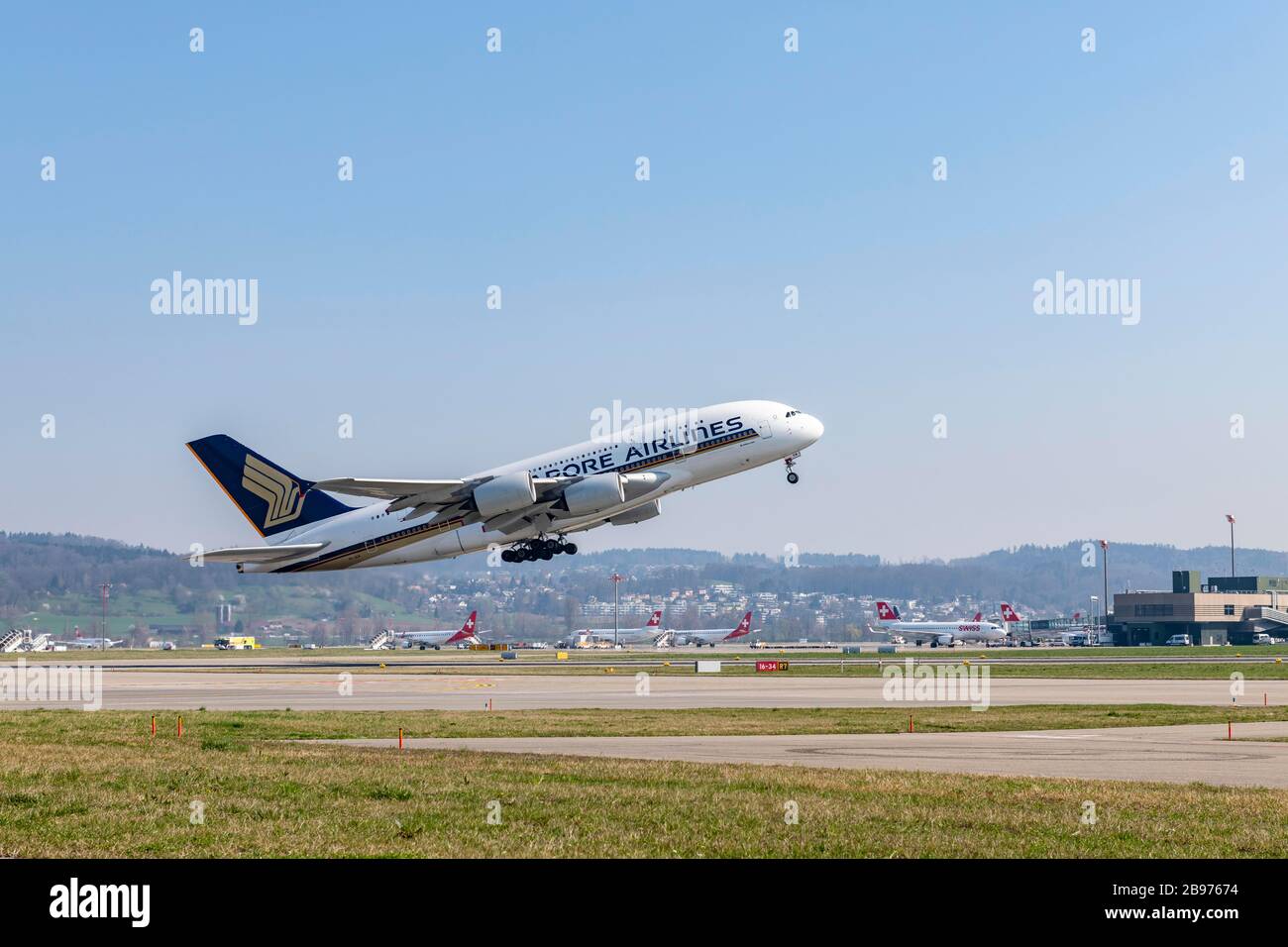 Singapore Airlines' Airbus A380-800 takes off from Zurich Airport, Switzerland Stock Photo