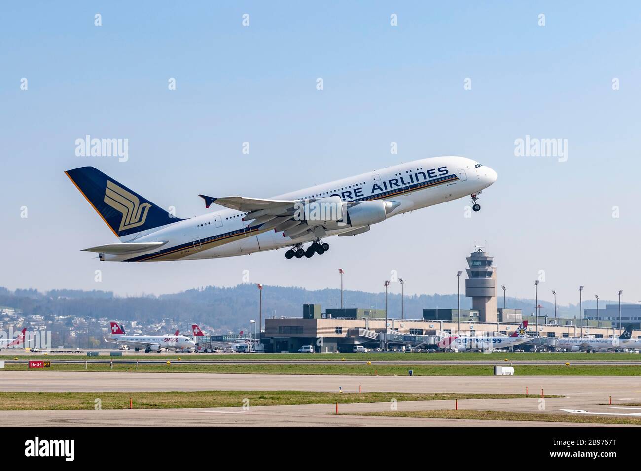 Singapore Airlines' Airbus A380-800 takes off from Zurich Airport, Switzerland Stock Photo