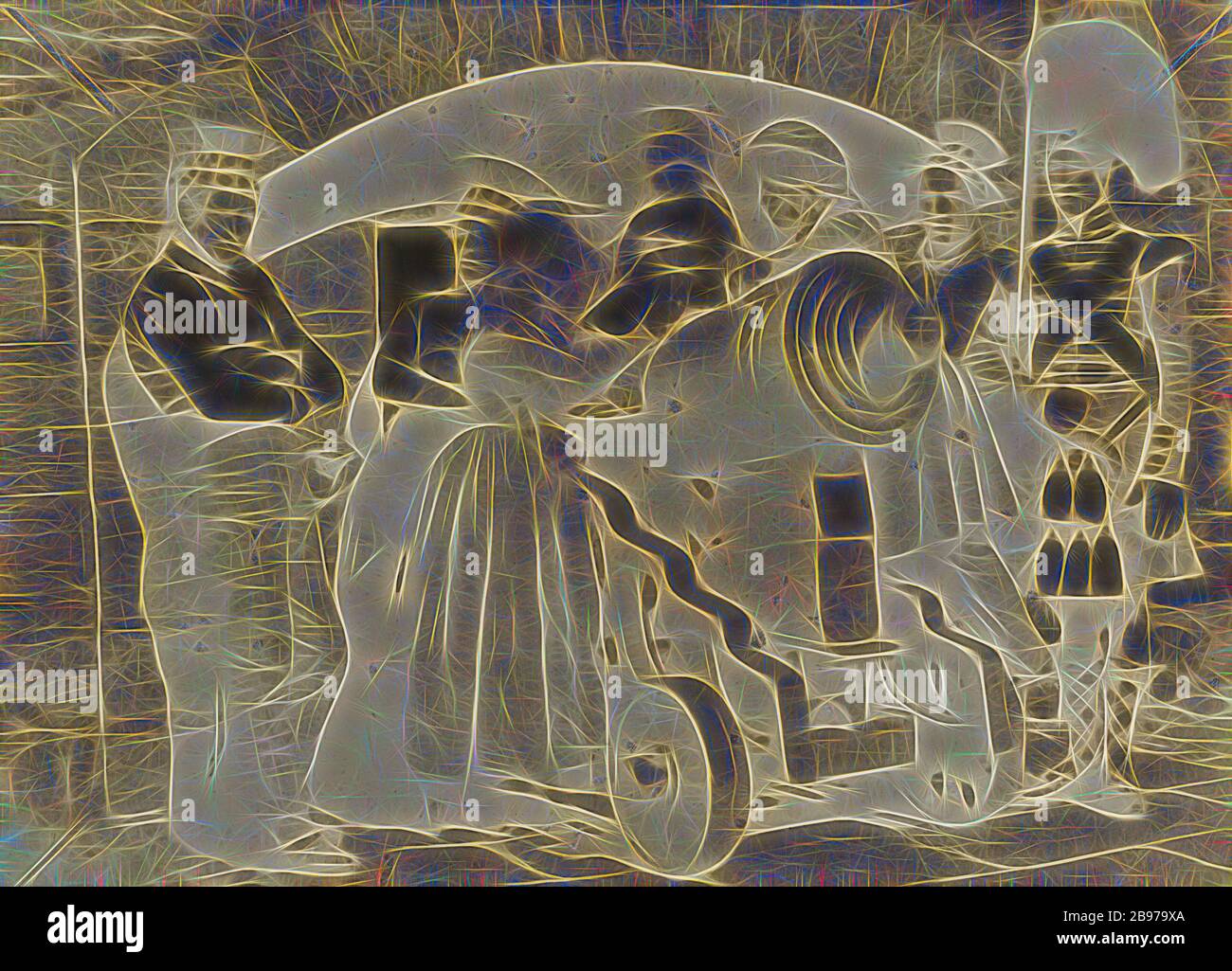 Group of 92nd Gordon Highlanders, with civilians, Edinburgh Castle, Hill & Adamson (Scottish, active 1843 - 1848), 1846, Waxed paper negative, 14.6 × 20 cm (5 3/4 × 7 7/8 in.), Reimagined by Gibon, design of warm cheerful glowing of brightness and light rays radiance. Classic art reinvented with a modern twist. Photography inspired by futurism, embracing dynamic energy of modern technology, movement, speed and revolutionize culture. Stock Photo