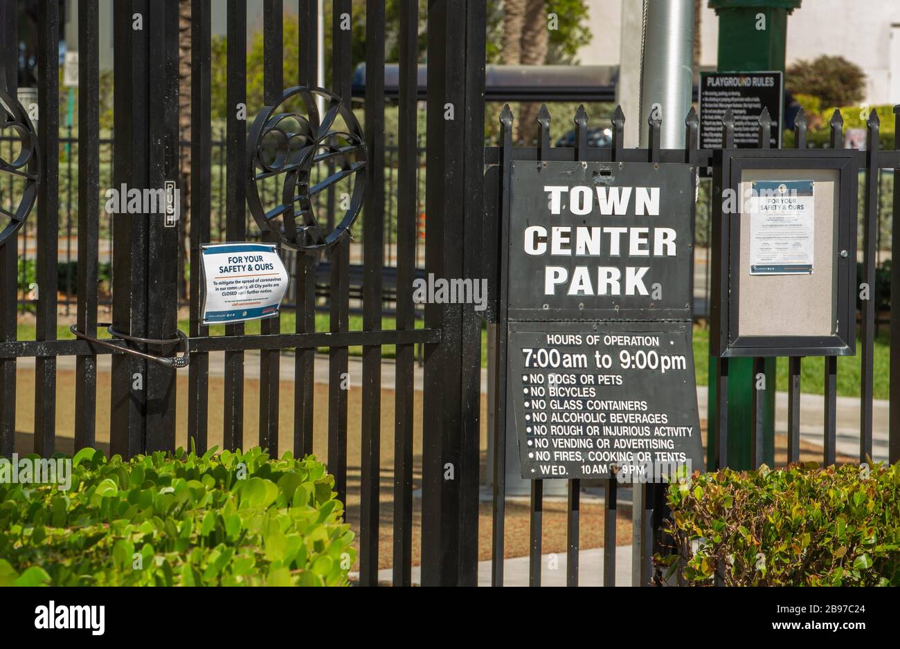 Empty closed Central Park in Sunny Isles Beach during coronavirus outbreak. Quarantine in Miami Stock Photo