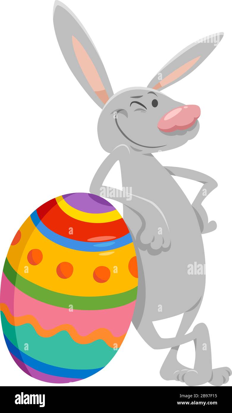 Cartoon Illustration of Funny Easter Bunny with Big Colored Easter Egg ...
