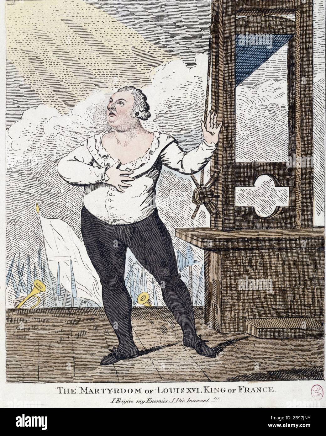 THE MARTYRDOM OF LOUIS XVI, KING OF FRANCE - I FORGIVE MY ENEMIES, I DIE INNOCENT !!! Georges Cruikshank. 'The Martyrdom of Louis XVI, King of France - I Forgive my Enemies, I Die Innocent !!!'. Estampe. Paris, musée Carnavalet. Stock Photo