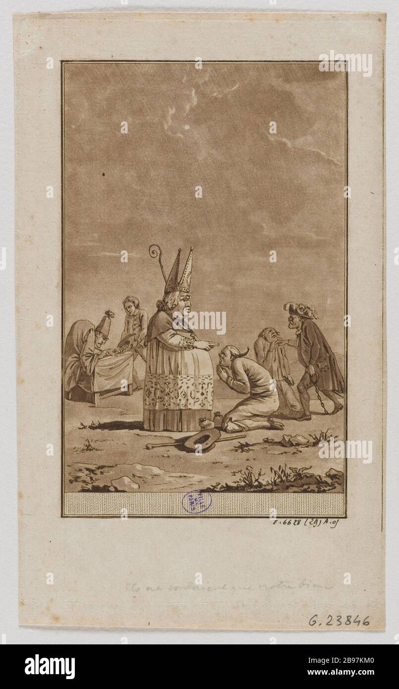 THEY wished OUR WELL; FARMER BLESSED BY A BISHOP SUBMITTED BY NOBLE AND PAID TAX TO CLERK 'STORIES OF CARTOONS OF THE FRENCH REVOLUTION' FROM NIMES BOYER OF VOLUME 1 P. 67 Anonyme (ouvrage de Boyer de Nîmes). 'Ils ne vouloient que notre bien; paysan béni par un évêque soumis par un noble et payant l'impôt à un greffier 'Histoires des caricatures de la Révolution française' de Boyer de Nîmes tome 1 P. 67'. Aquatinte, 1789. Paris, musée Carnavalet. Stock Photo