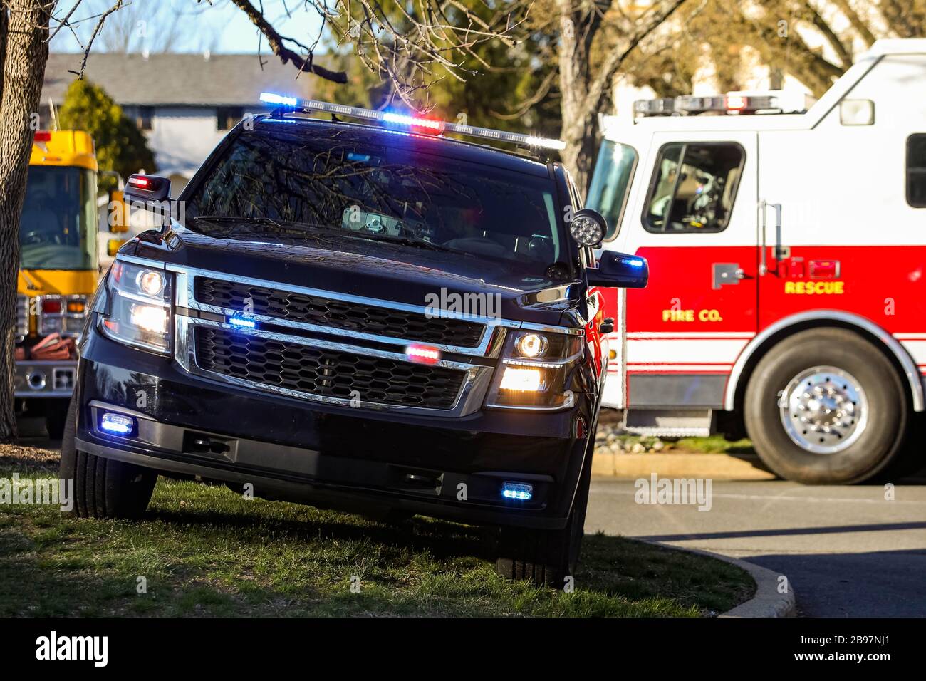 Police car with sirens and lights on during emergency service call Stock Photo Alamy