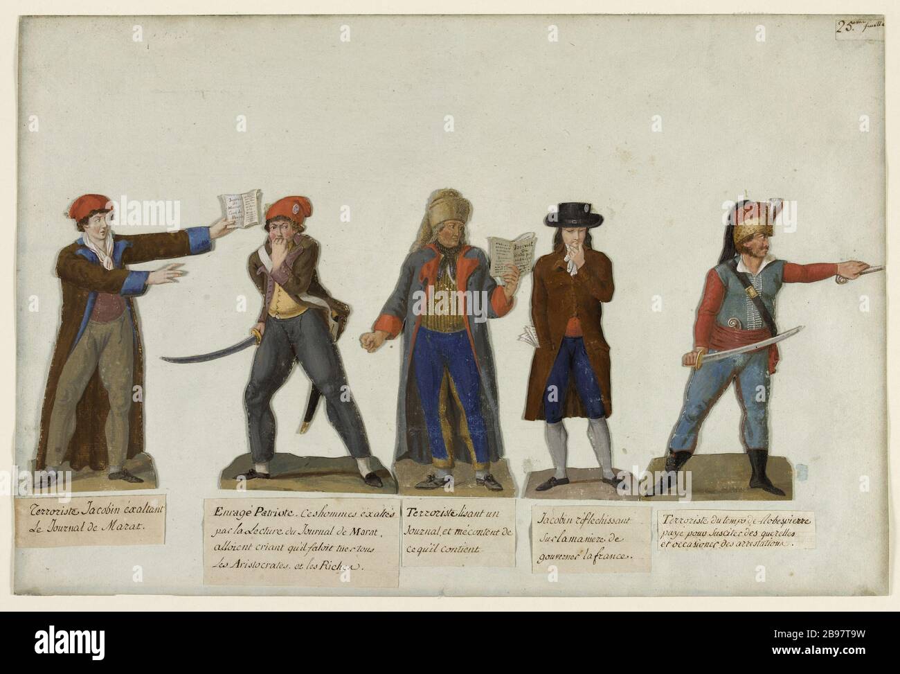 Jacobins and terrorists, 'exalting terrorist Jacobin Marat's newspaper', 'rabid patriot', 'terrorist reading a newspaper,' 'Jacobin thinking on how to govern France,' 'terrorist time of Robespierre Jean-Baptiste Lesueur (1749-1826). 'Jacobins et terroristes :  'terroriste jacobin exaltant le journal de Marat', 'enragé patriote', 'terroriste lisant un journal', 'Jacobin réfléchissant sur la manière de gouverner la France', 'terroriste du temps de Robespierre'. Gouache découpée collée sur papier bleuté. Paris, musée Carnavalet. Stock Photo