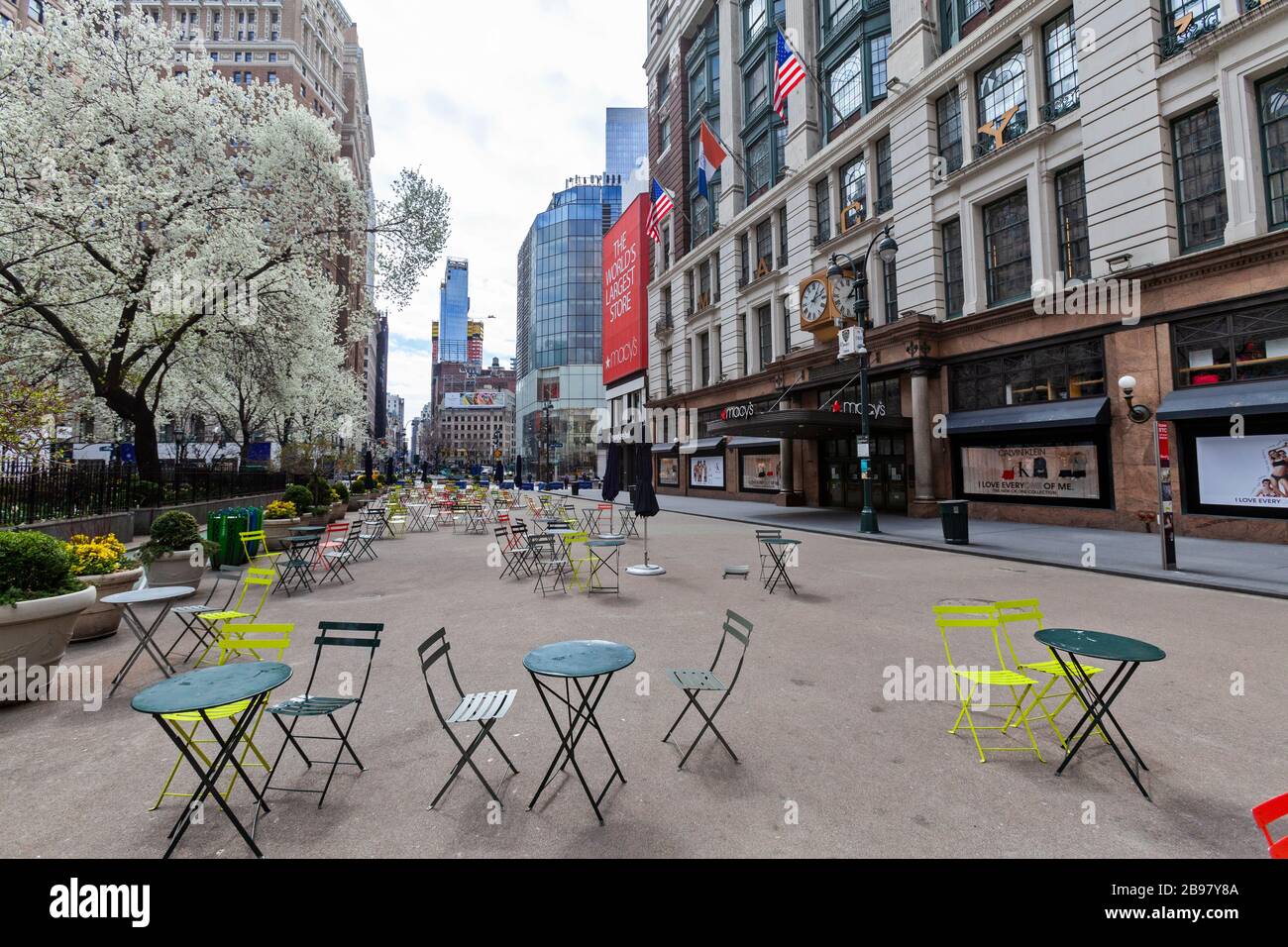 Few people on the empty streets in New York City because of COVID-19, Coronavirus. Stock Photo