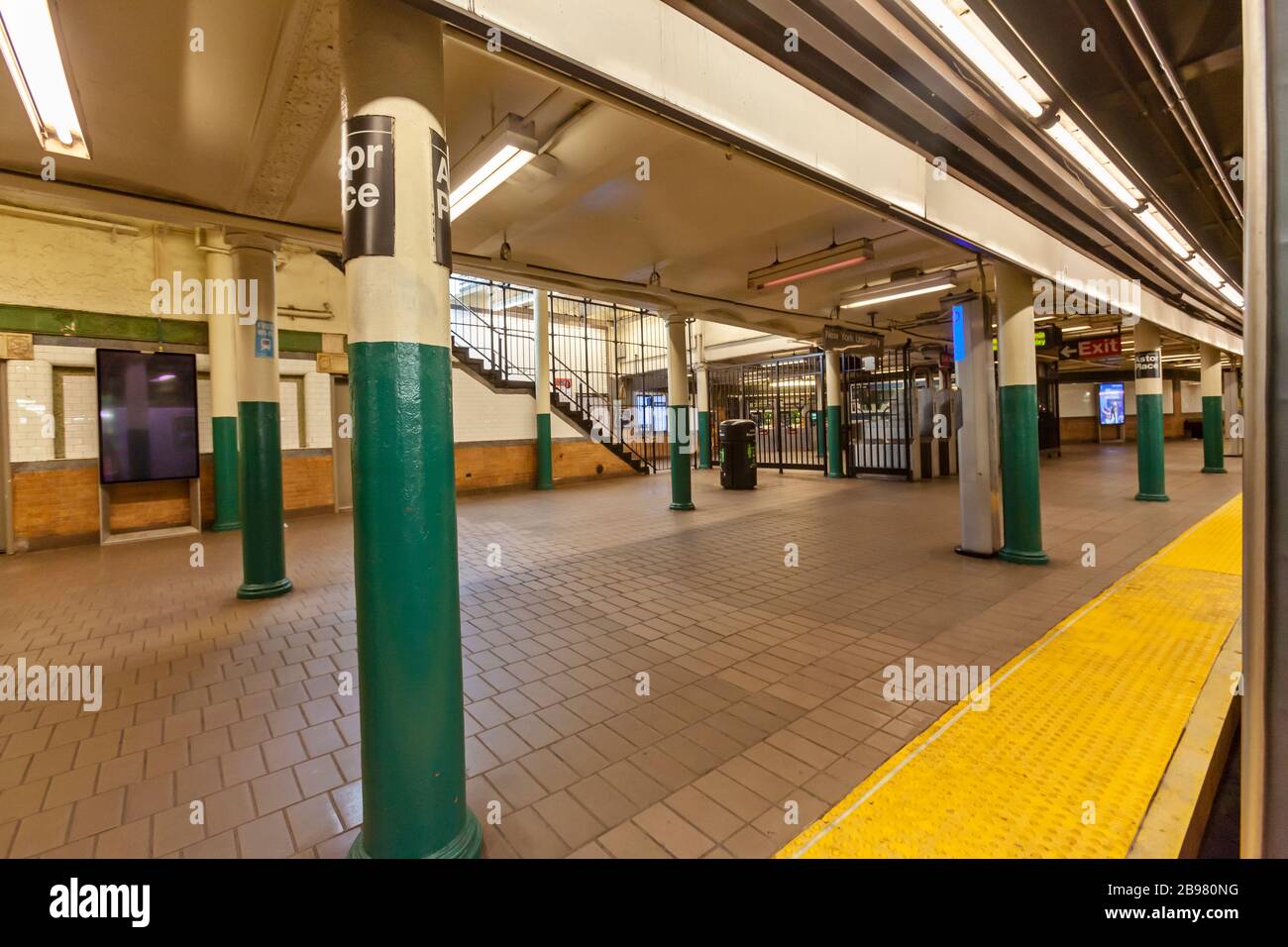 Very few passengers riding the subway in New York City because of COVID-19, Coronavirus. Stock Photo