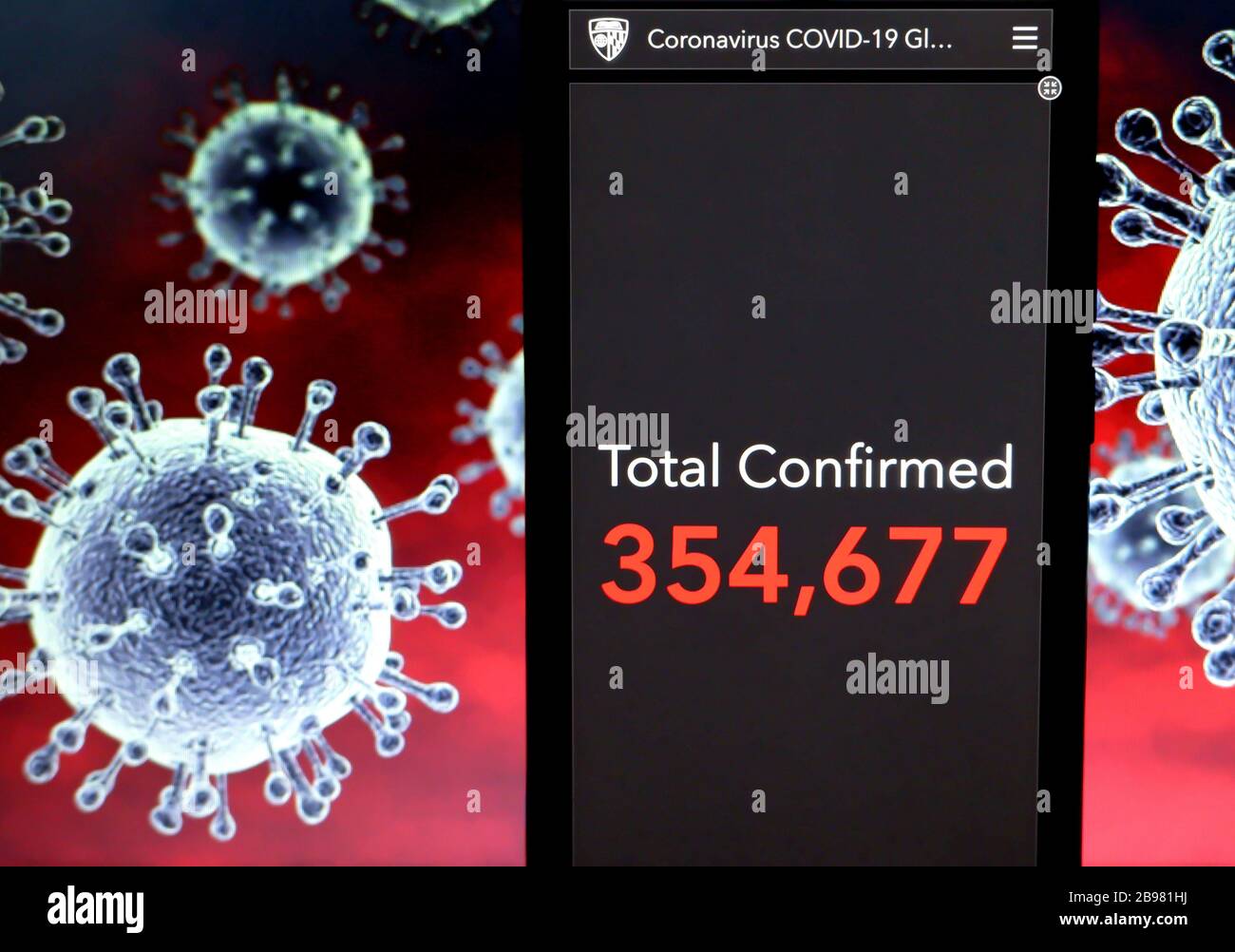 India. 23rd Mar, 2020. In this photo illustration the Coronavirus COVID-19 Global effected Cases map by the Center for Systems Science and Engineering (CSSE) at Johns Hopkins University (JHU) is seen displayed on a mobile phone showing Corona Virus effected patients crossed 354677.Coronavirus (COVID-19) is an infectious disease that is spreading all over the world and more than 13000 deaths. Credit: Avishek Das/SOPA Images/ZUMA Wire/Alamy Live News Stock Photo