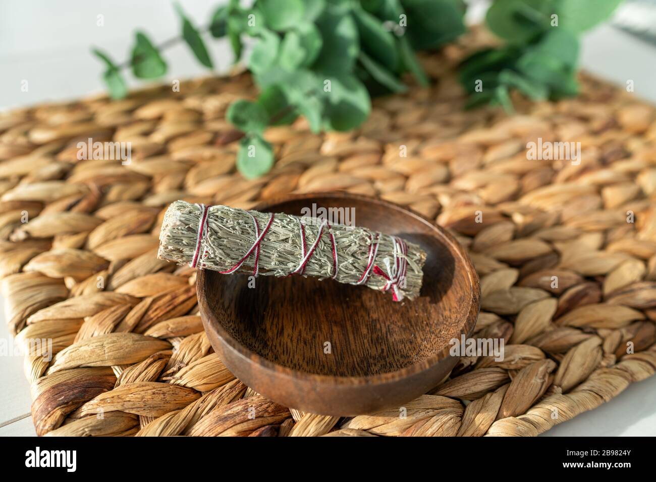 Sage smudge in smudging burn bowl for smoke ceremonies Stock Photo