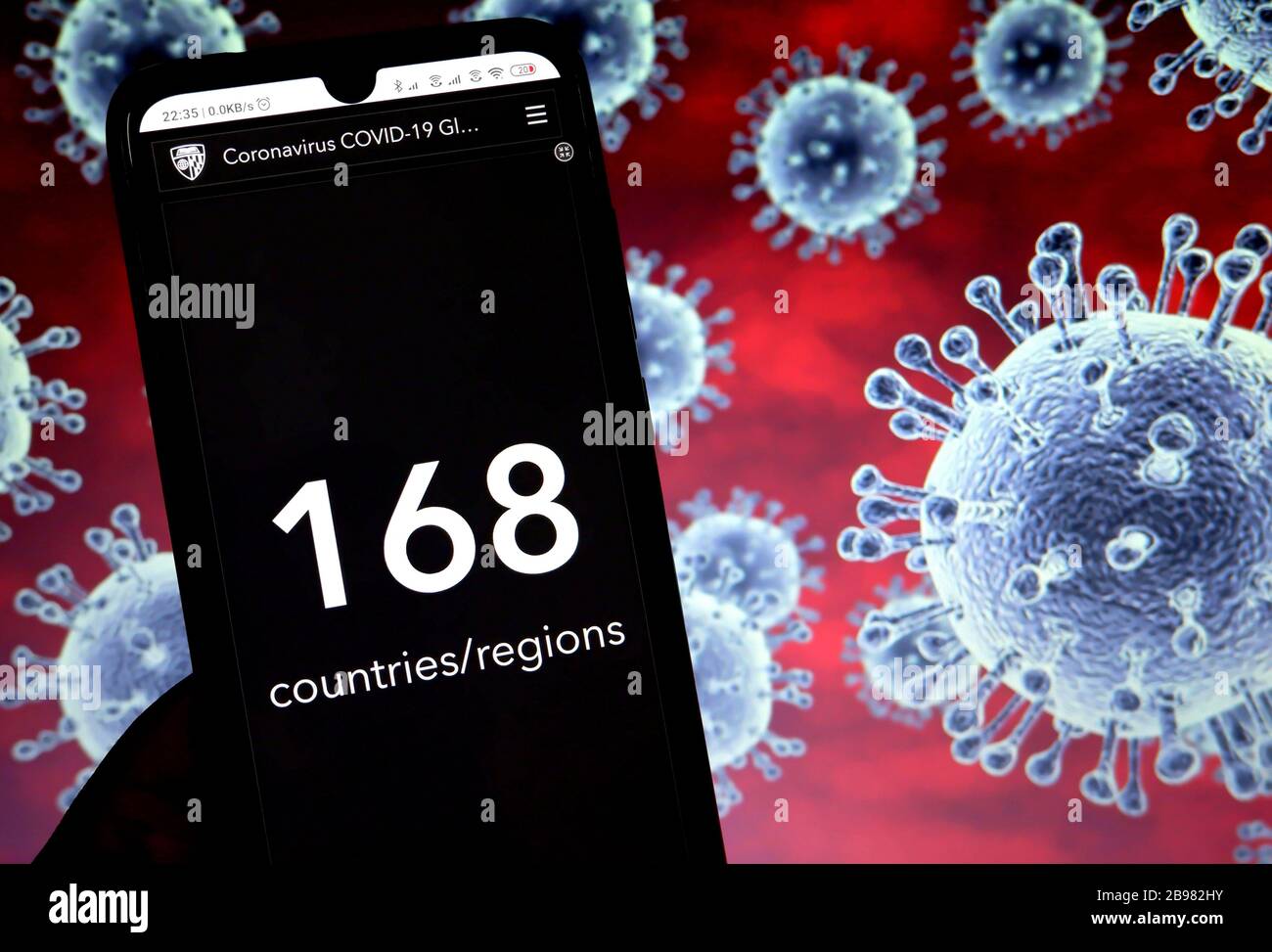 India. 23rd Mar, 2020. In this photo illustration the Coronavirus COVID-19 Global effected countries map by the Center for Systems Science and Engineering (CSSE) at Johns Hopkins University (JHU) is seen displayed on a mobile phone showing Corona Virus effected countries crossed 168.Coronavirus (COVID-19) is an infectious disease that is spreading all over the world and more than 13000 deaths. Credit: Avishek Das/SOPA Images/ZUMA Wire/Alamy Live News Stock Photo