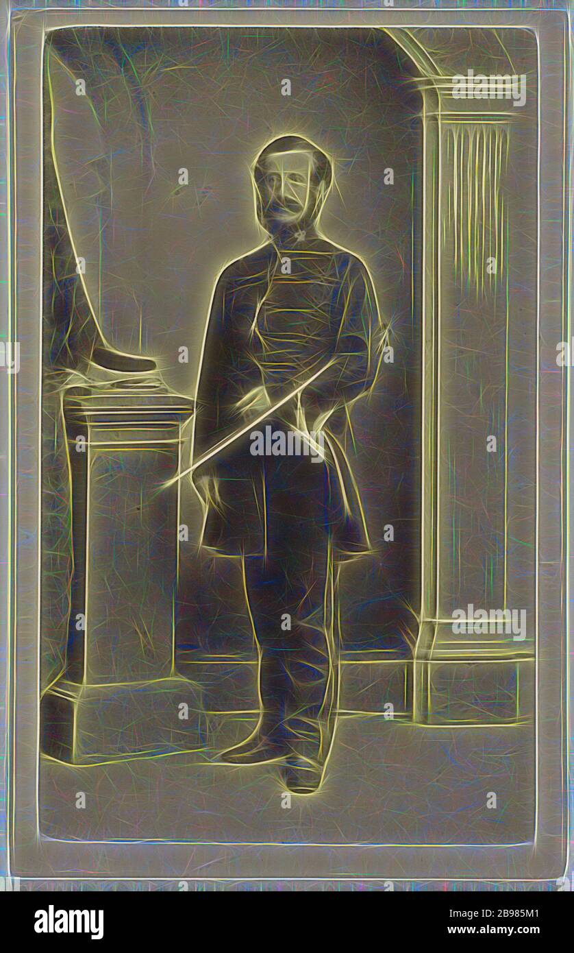 Unidentified bearded British soldier with sword under his left arm, standing, Thomas Rodger (Scottish, 1832 - 1883), 1865–1870, Albumen silver print, Reimagined by Gibon, design of warm cheerful glowing of brightness and light rays radiance. Classic art reinvented with a modern twist. Photography inspired by futurism, embracing dynamic energy of modern technology, movement, speed and revolutionize culture. Stock Photo