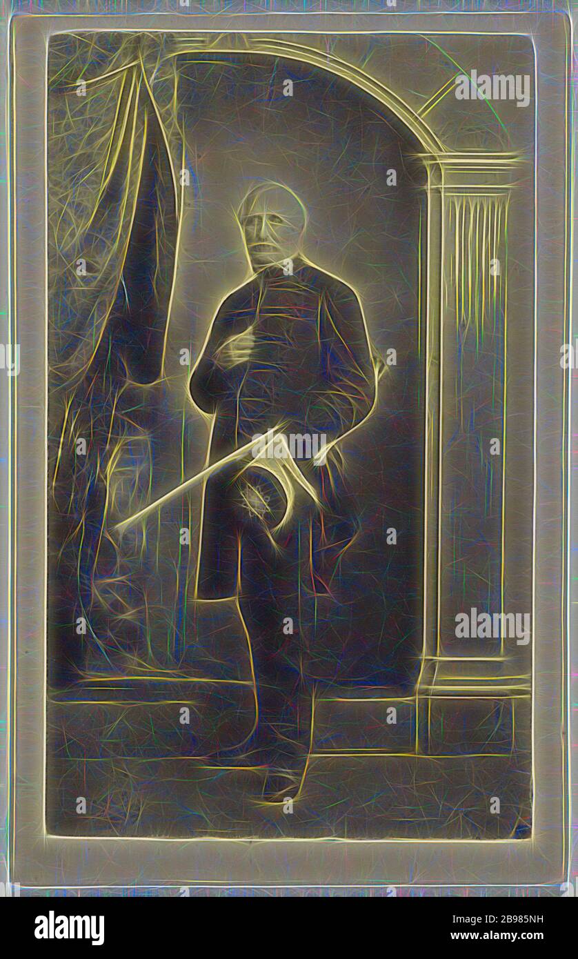 Unidentified man wearing a dress uniform, standing, holding a hat with his sword under his arm, Thomas Rodger (Scottish, 1832 - 1883), 1865–1875, Albumen silver print, Reimagined by Gibon, design of warm cheerful glowing of brightness and light rays radiance. Classic art reinvented with a modern twist. Photography inspired by futurism, embracing dynamic energy of modern technology, movement, speed and revolutionize culture. Stock Photo