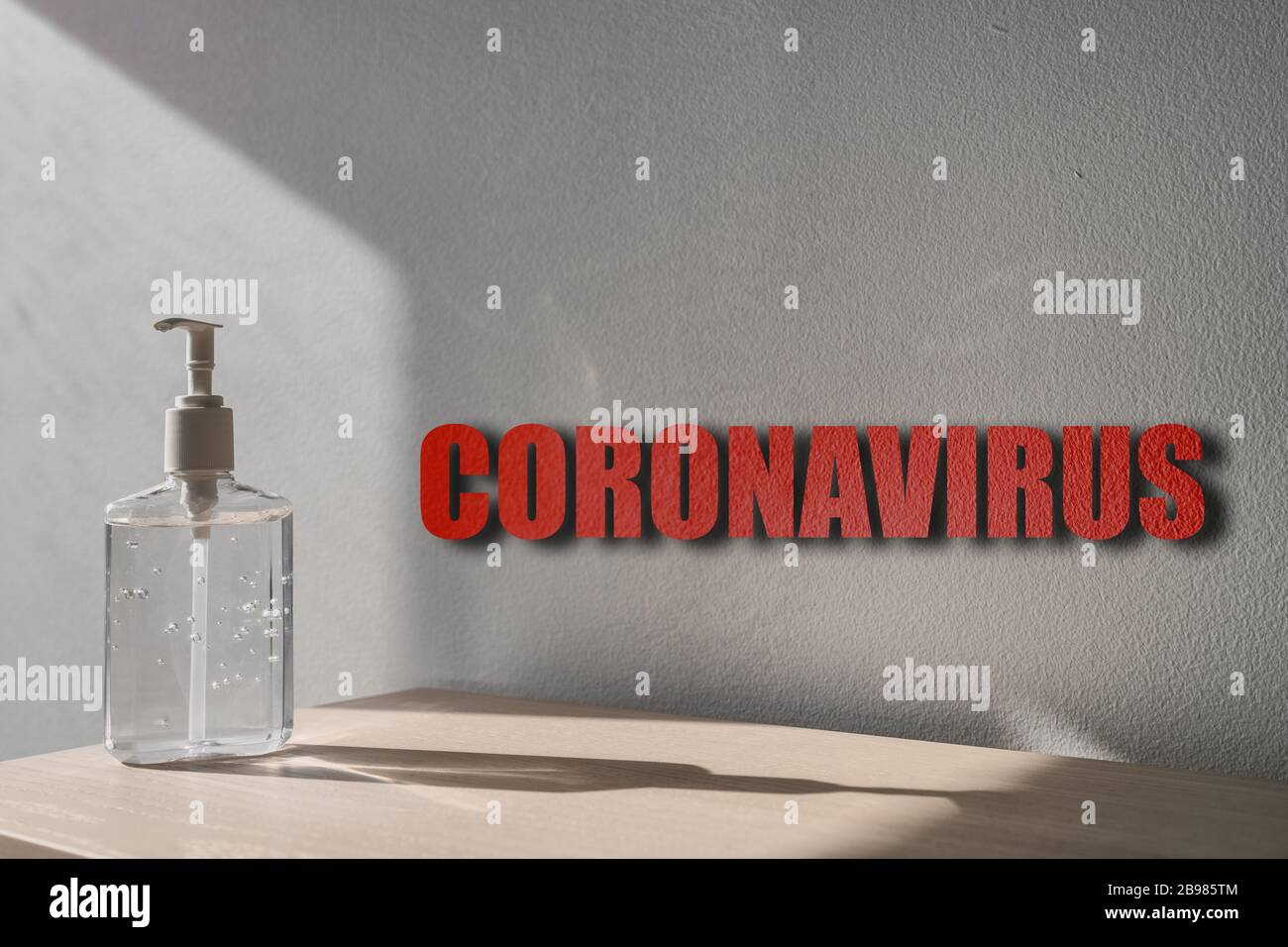 Coronavirus hygiene warning sign hand sanitizer COVID-19 corona virus prevention background- proper measures to keep clean hands with alcohol gel rub Stock Photo