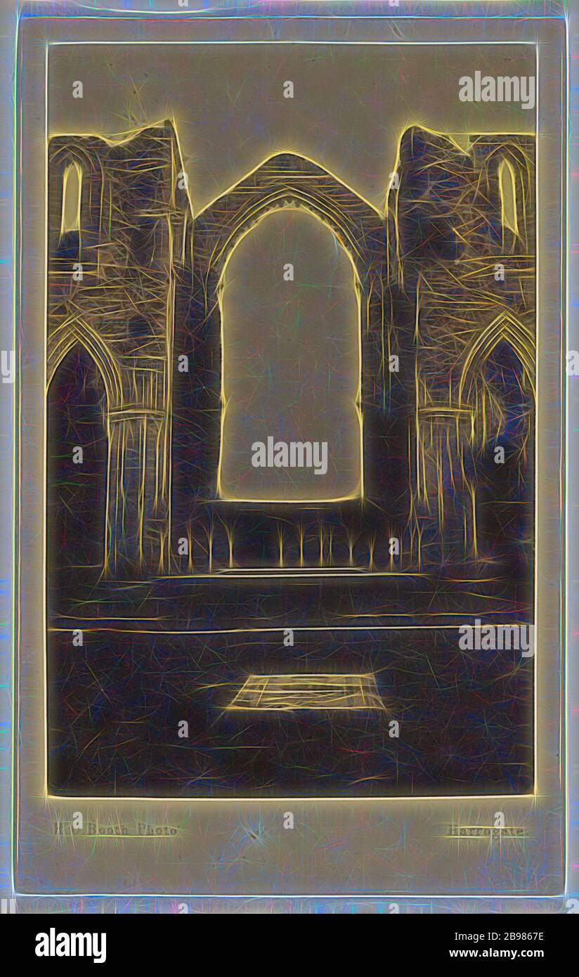 The East Window. Fountain Abbey., H.C. Booth (British, active 1860s), 1865, Albumen silver print, Reimagined by Gibon, design of warm cheerful glowing of brightness and light rays radiance. Classic art reinvented with a modern twist. Photography inspired by futurism, embracing dynamic energy of modern technology, movement, speed and revolutionize culture. Stock Photo