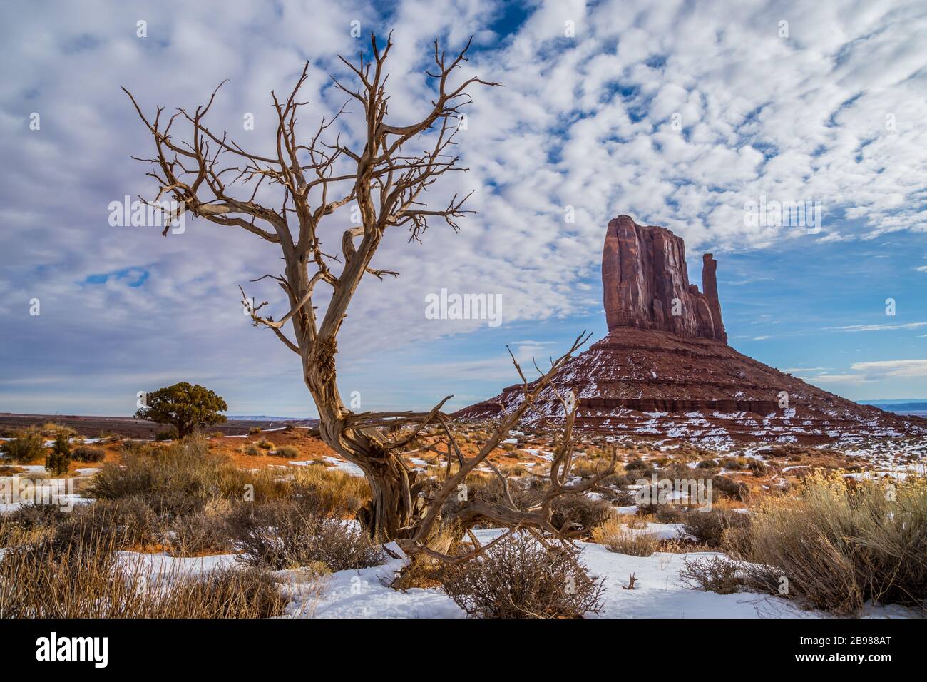 Monument Valley Navajo Tribal Park, West Mitten Butte in the snow Stock Photo