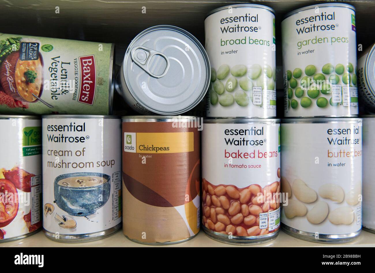 Tinned food, stockpiled tins of food stored in cupboard, stockpiling due to the coronavirus corvid 19 pandemic  London UK Stock Photo