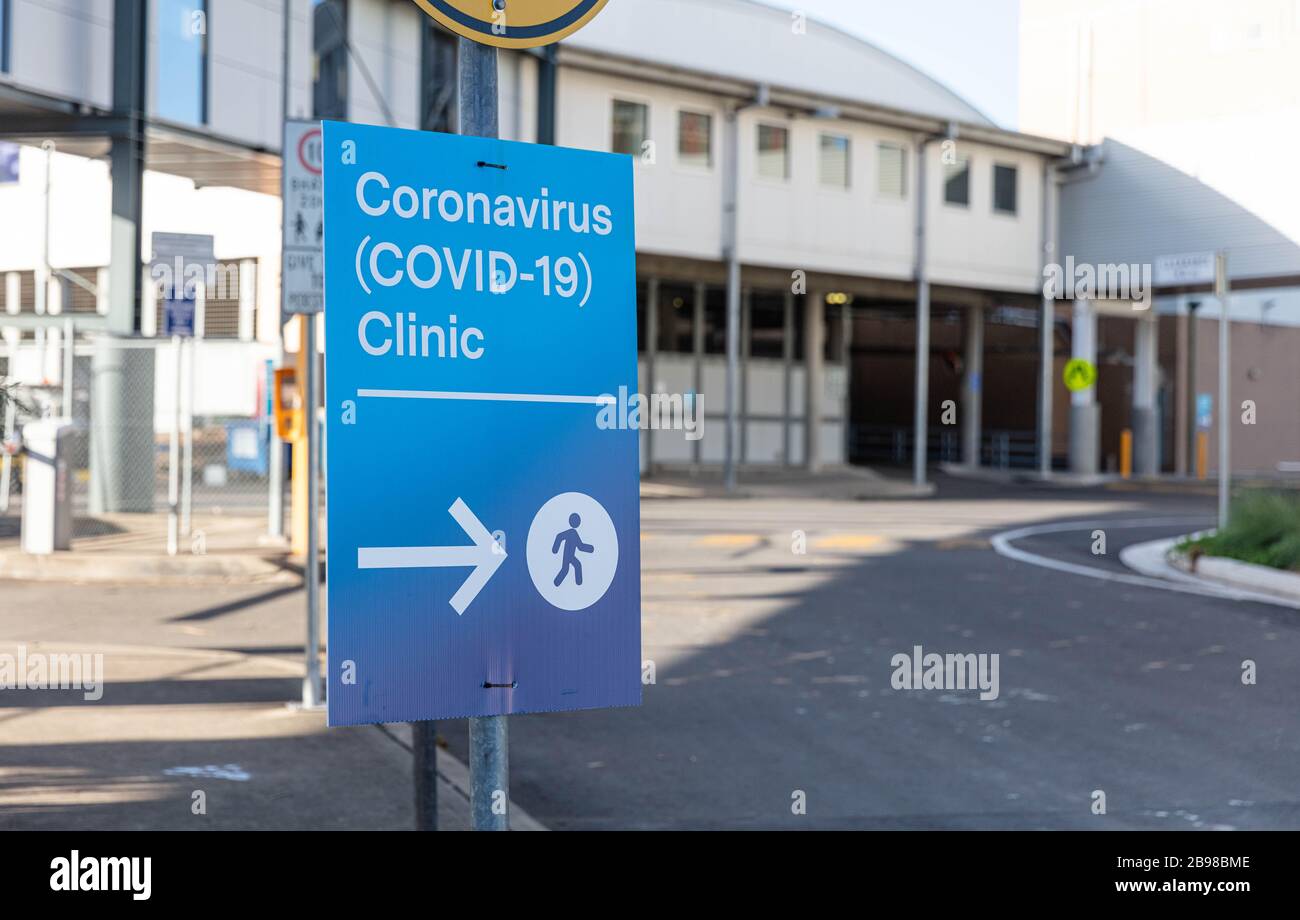 Covid 19 clinic wayfinding signs a Nepean Hosptial in Western Sydney Stock Photo