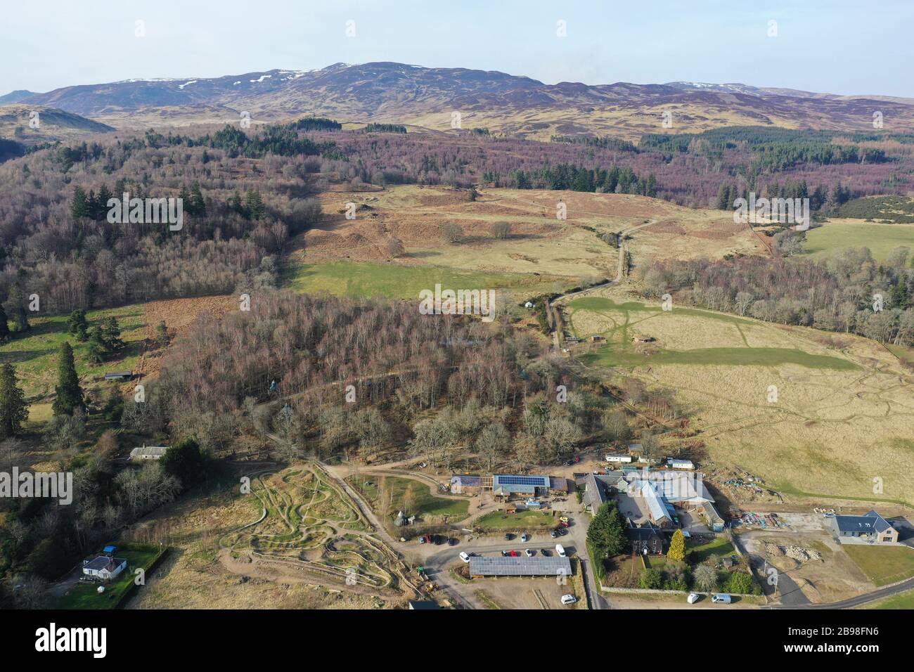 Aerial drone view of Comrie Croft mountain biking and camping centre Stock Photo