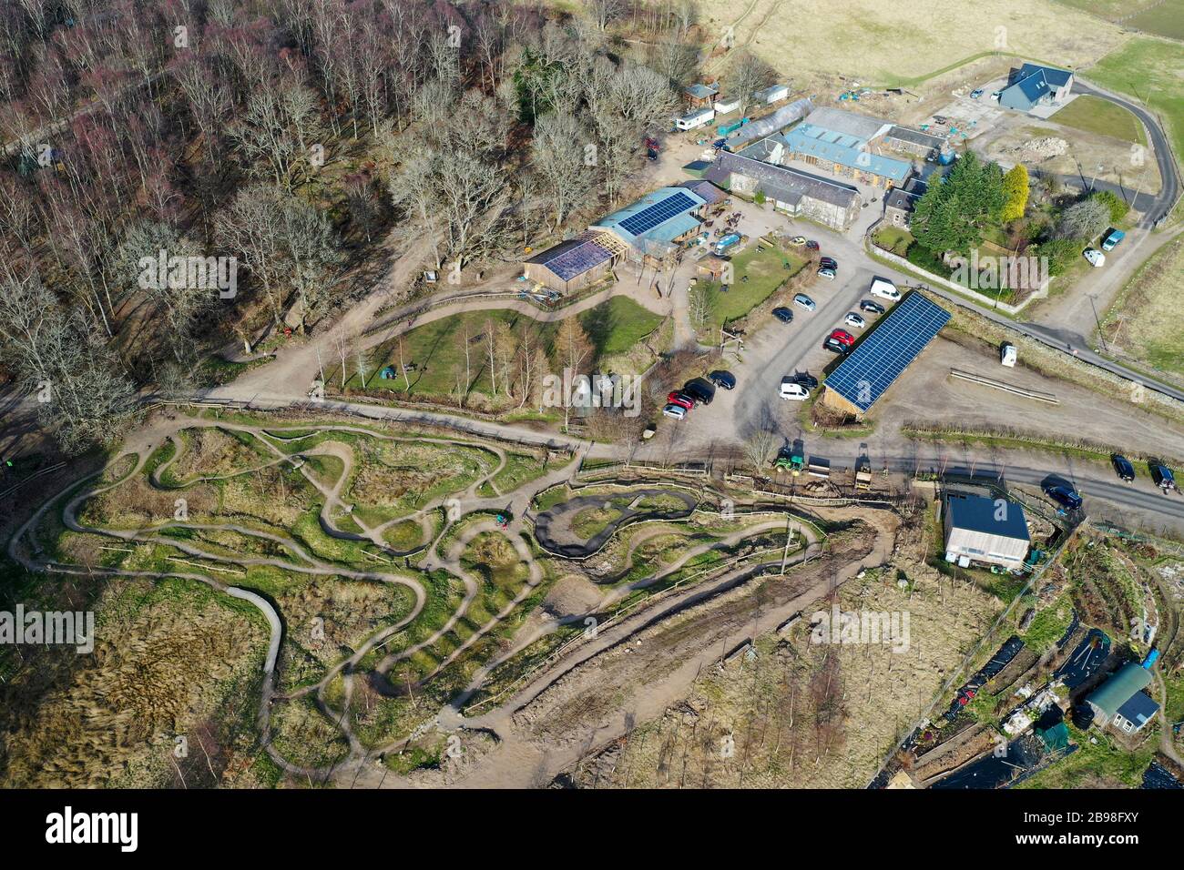 Aerial drone view of Comrie Croft mountain biking and camping centre Stock Photo