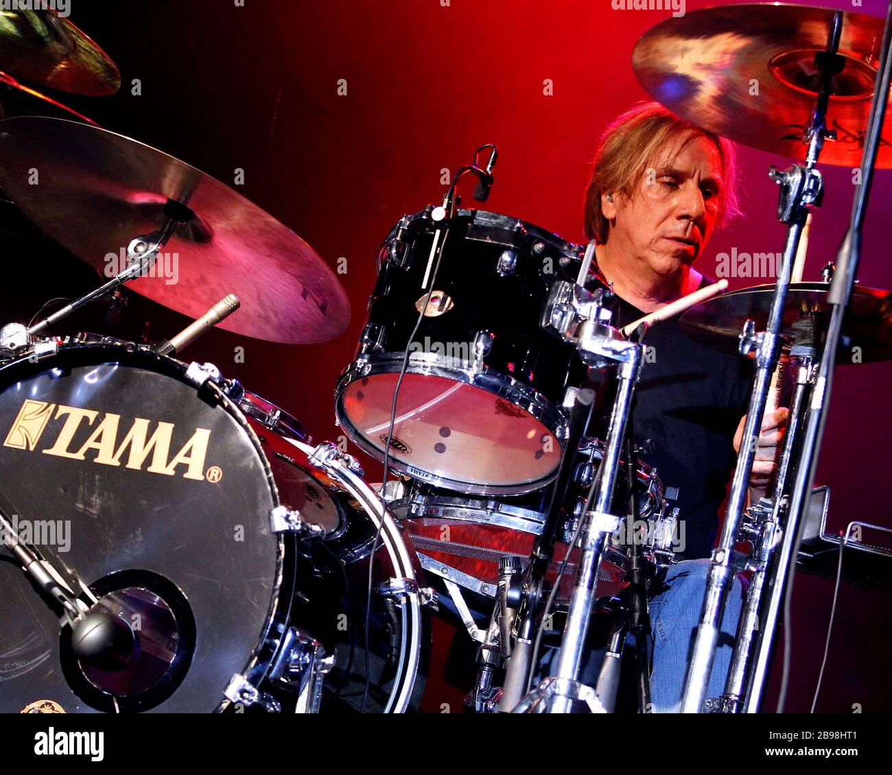 Tesla drummer Troy Luccketta performs with the rest of the band at the Pavilion in Coconut Creek, Florida. Stock Photo