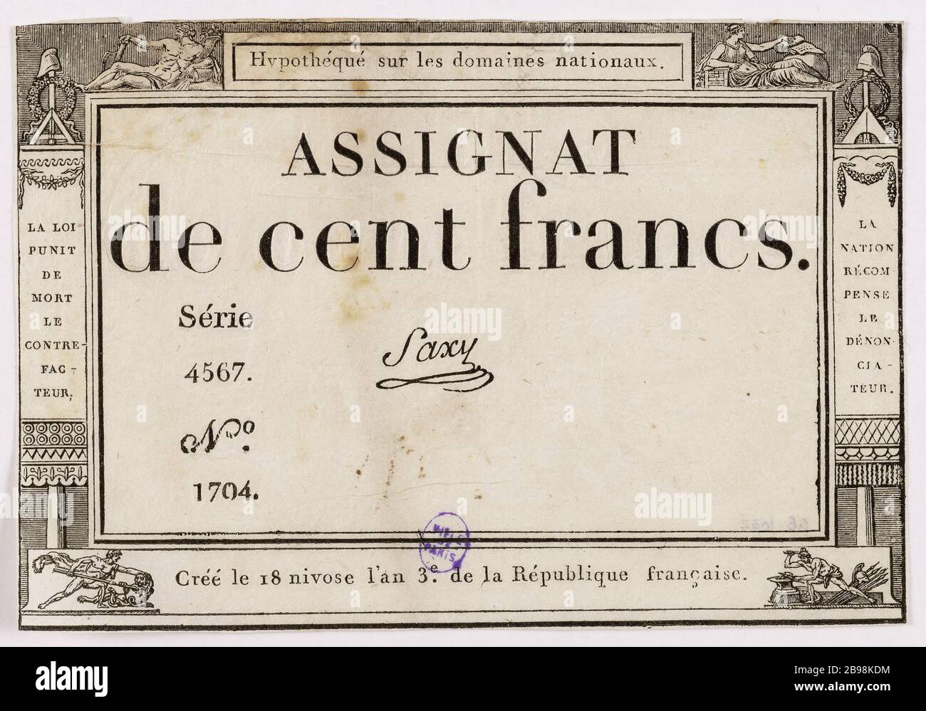 Assignat 100 francs 4567 Series - No. 1704 18 3 Nivose year. Augustin ou Auguste Dupré (1748-33). Assignat de 100 francs, série 4567 - n° 1704, 18 Nivôse an 3. Typographie, encre. Paris, musée Carnavalet. Stock Photo