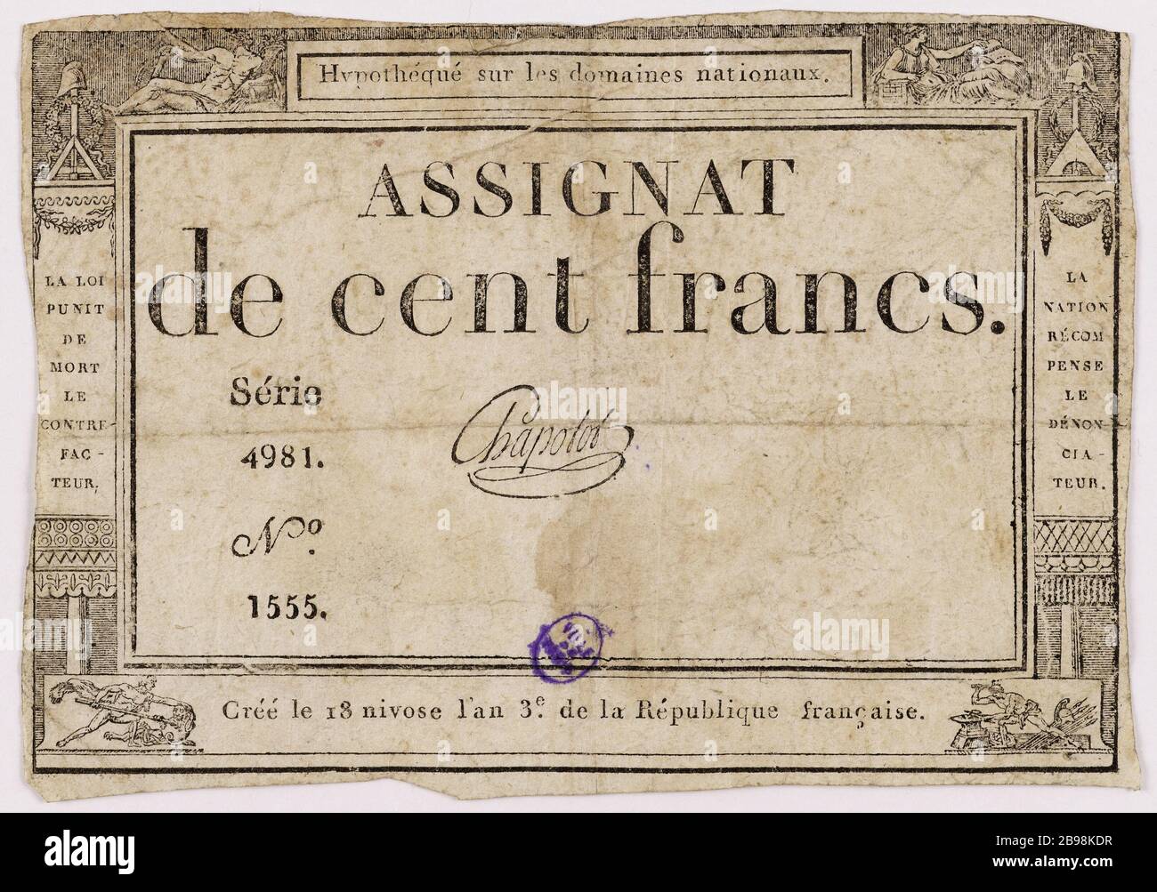 assignat-100-francs-4981-series-no-1555-18-3-nivose-year-augustin-ou-auguste-dupr-1748-33-assignat-de-100-francs-srie-4981-n-1555-18-nivse-an-3-typographie-encre-paris-muse-carnavalet-2B98KDR.jpg