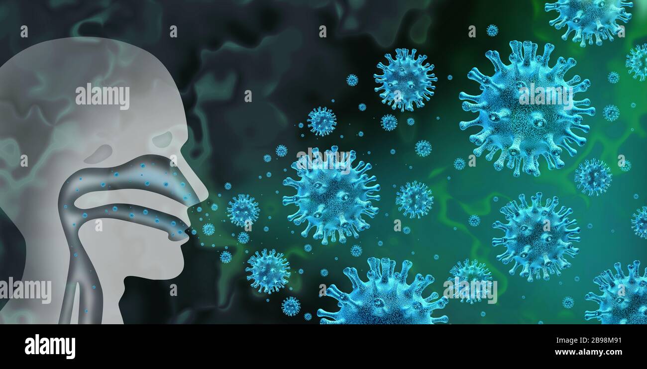 virus influenza and flu spread caused by pathogen infection with human symptoms of fever infecting the nose and throat as coronavirus or covid-19. Stock Photo