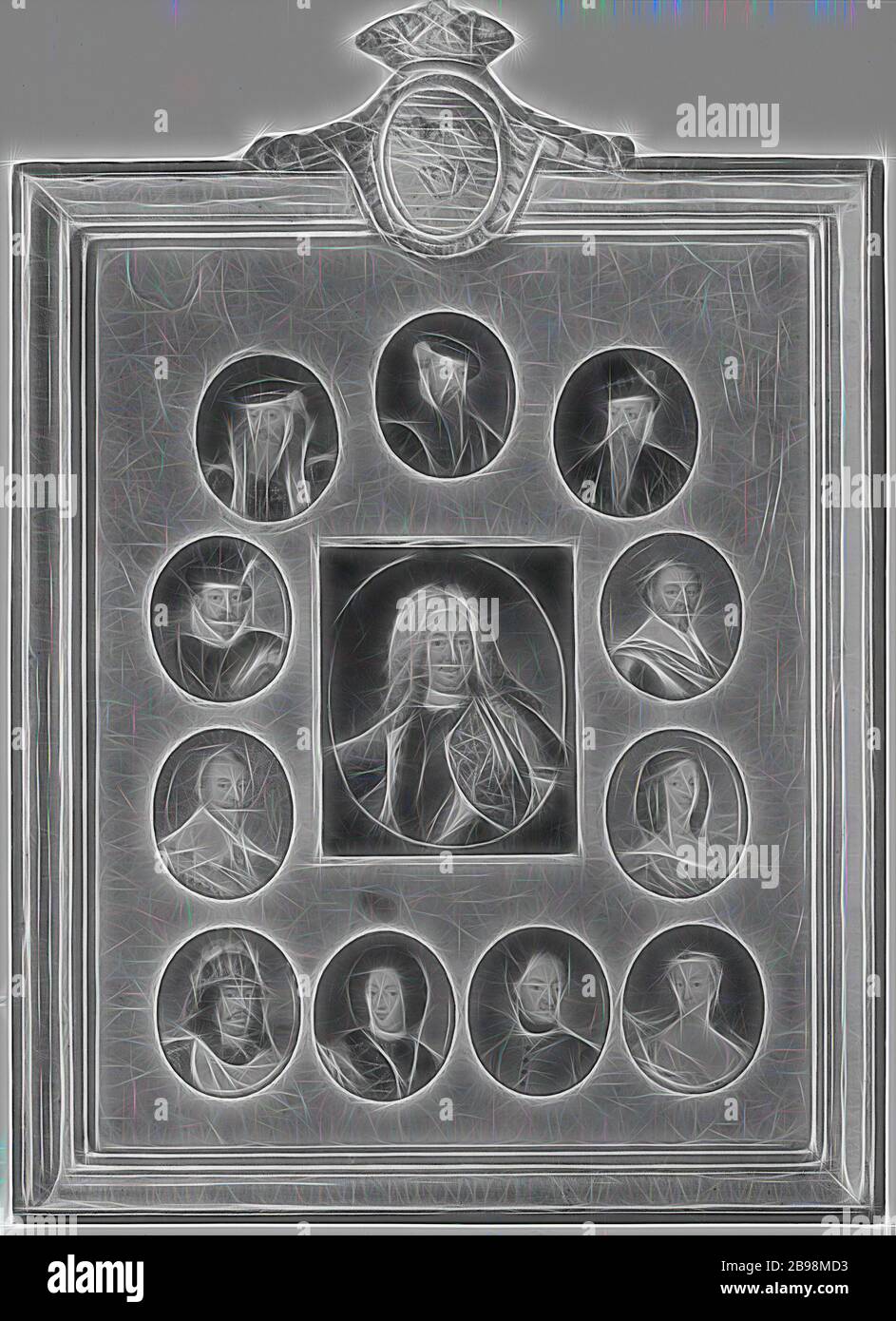Attributed to Niclas Lafrensen d.ä, Kung Fredrik I, Queen Ulrika Eleonora dy, King Karl XI, King Karl XII, King Karl X Gustav, King Gustav I, King Karl IX, King Johan III, King Sigismund, King Erik XIV, King, Gustav II Adolf and Queen Kristina, Swedish governors from Gustav I to Fredrik I, 12 people, painting, Frederick I of Sweden, Watercolor and gouache on parchment, Height, 48.5 cm (19 inches), Width, 35 cm (13.7 inches), Inscription, Grh 462 REGENTLÄDD GUSTAF I-FREDRIK I By N. Lafrensen d., Reimagined by Gibon, design of warm cheerful glowing of brightness and light rays radiance. Classic Stock Photo