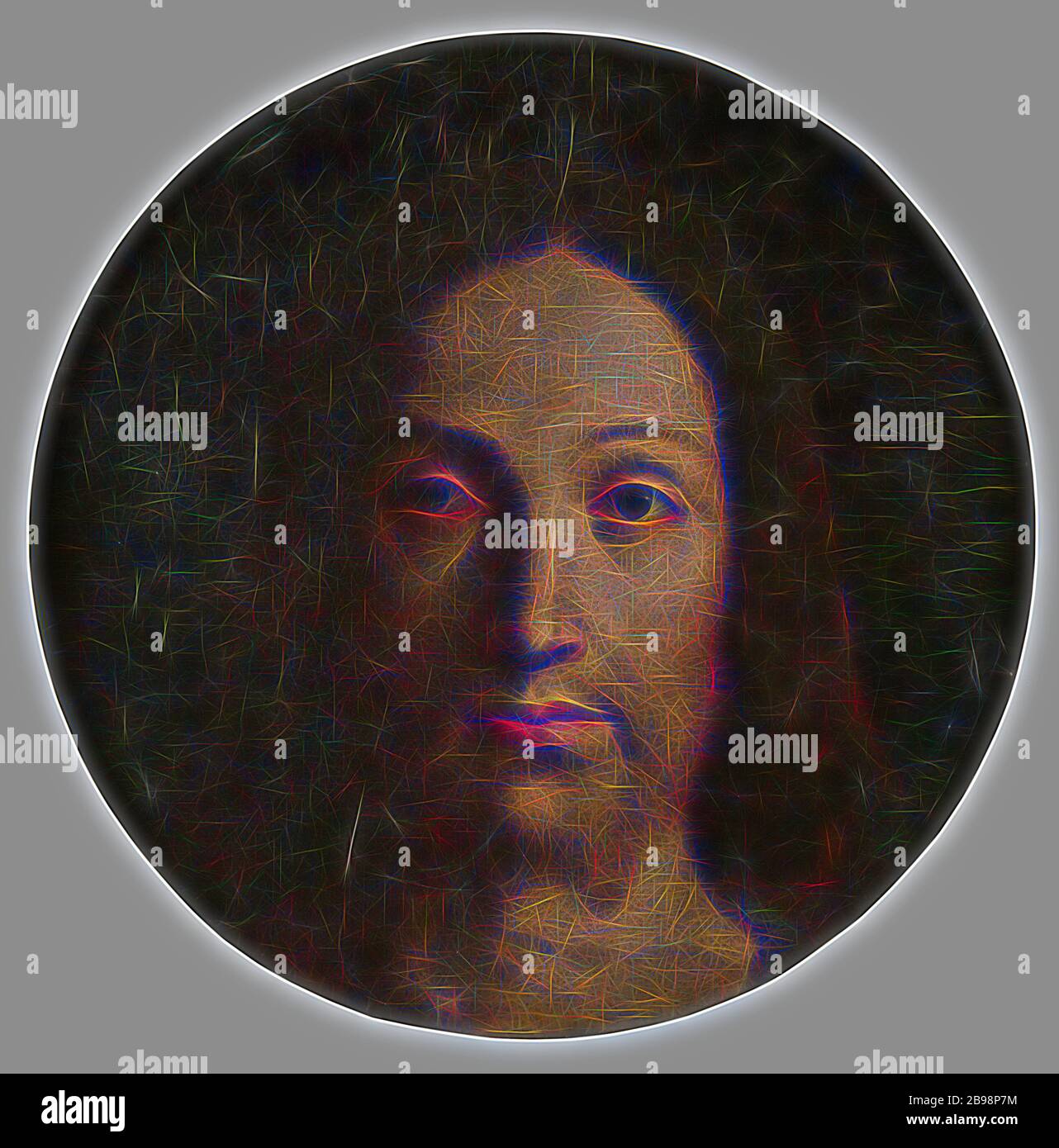 After Giovanni Bellini, Head of Christ, Christian head, painting, religious art, oil on canvas, Height, 29 cm (11.4 inches), Reimagined by Gibon, design of warm cheerful glowing of brightness and light rays radiance. Classic art reinvented with a modern twist. Photography inspired by futurism, embracing dynamic energy of modern technology, movement, speed and revolutionize culture. Stock Photo